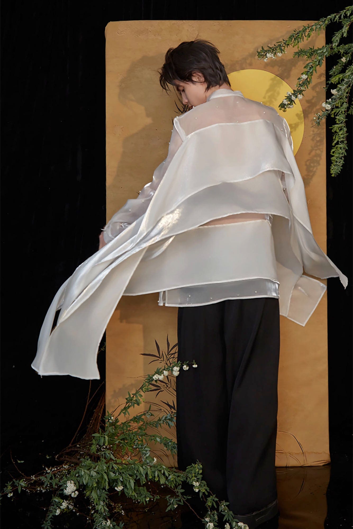 JIECHI Pearl Embroidered Layered Ribbon Organza Shirt, premium urban and streetwear designers apparel on PROJECTISR.com, JIECHI