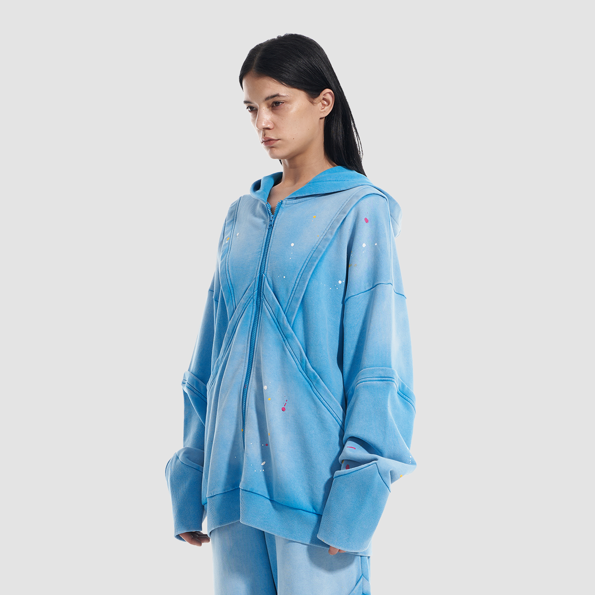 VANN VALRENCE Washed Paint-Splattered Paneled Zip Hoodie