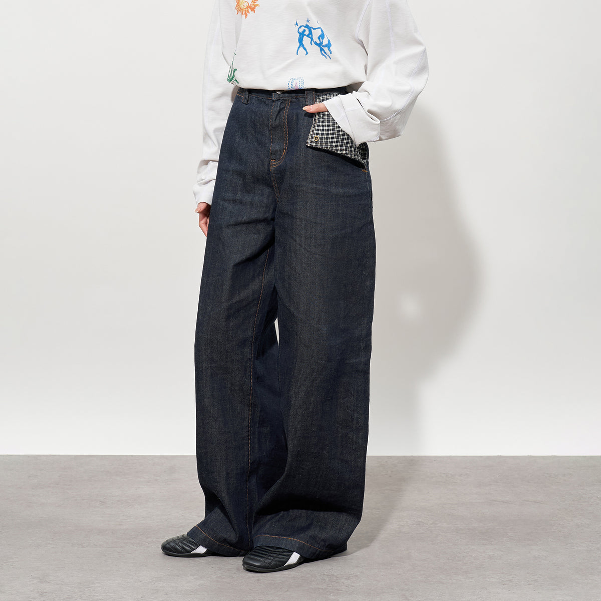 FMACM Plaid Spliced Raw-Hem Straight-Leg Jeans