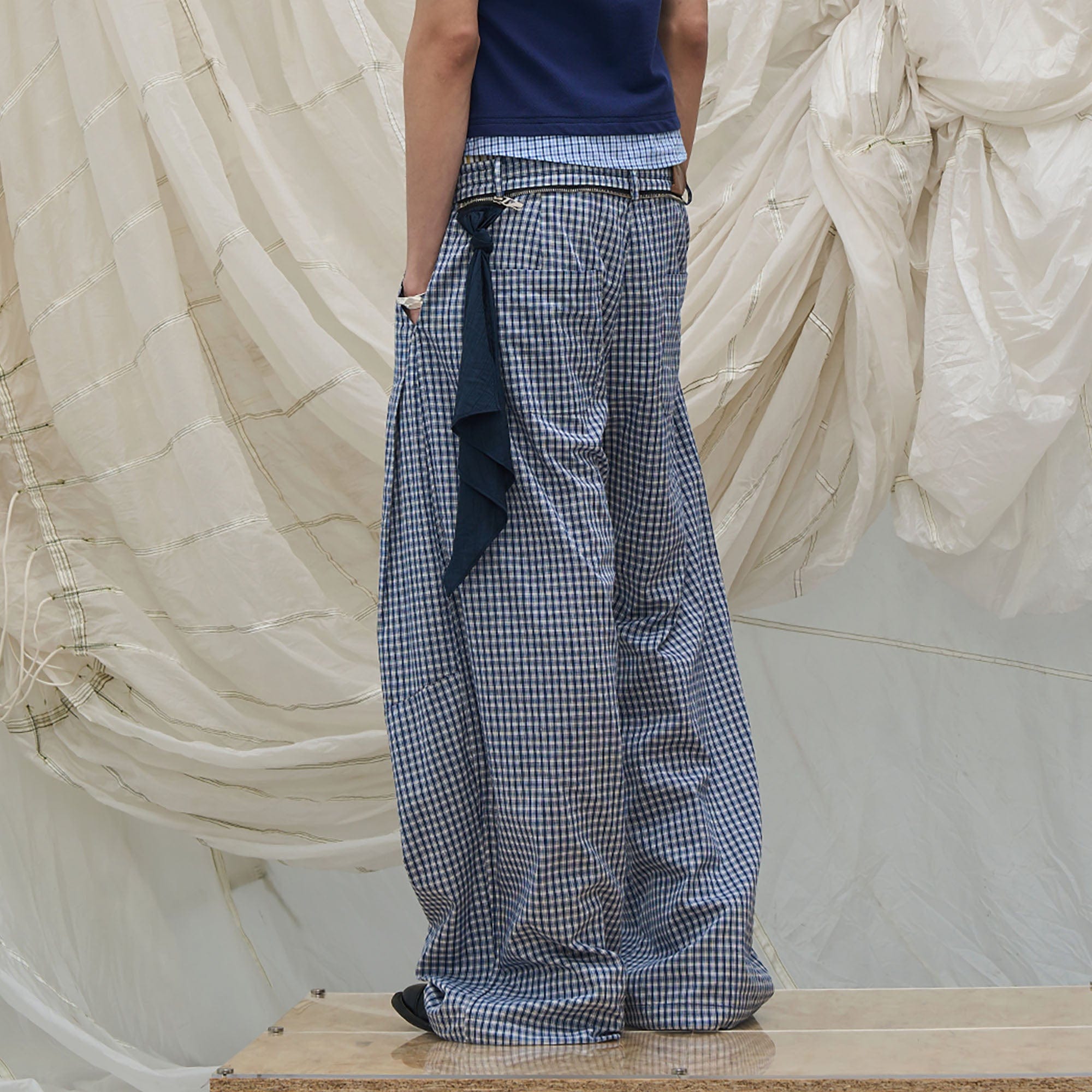 RELABEL Detachable Scarf Grid Pleated Pants, premium urban and streetwear designers apparel on PROJECTISR.com, RELABEL