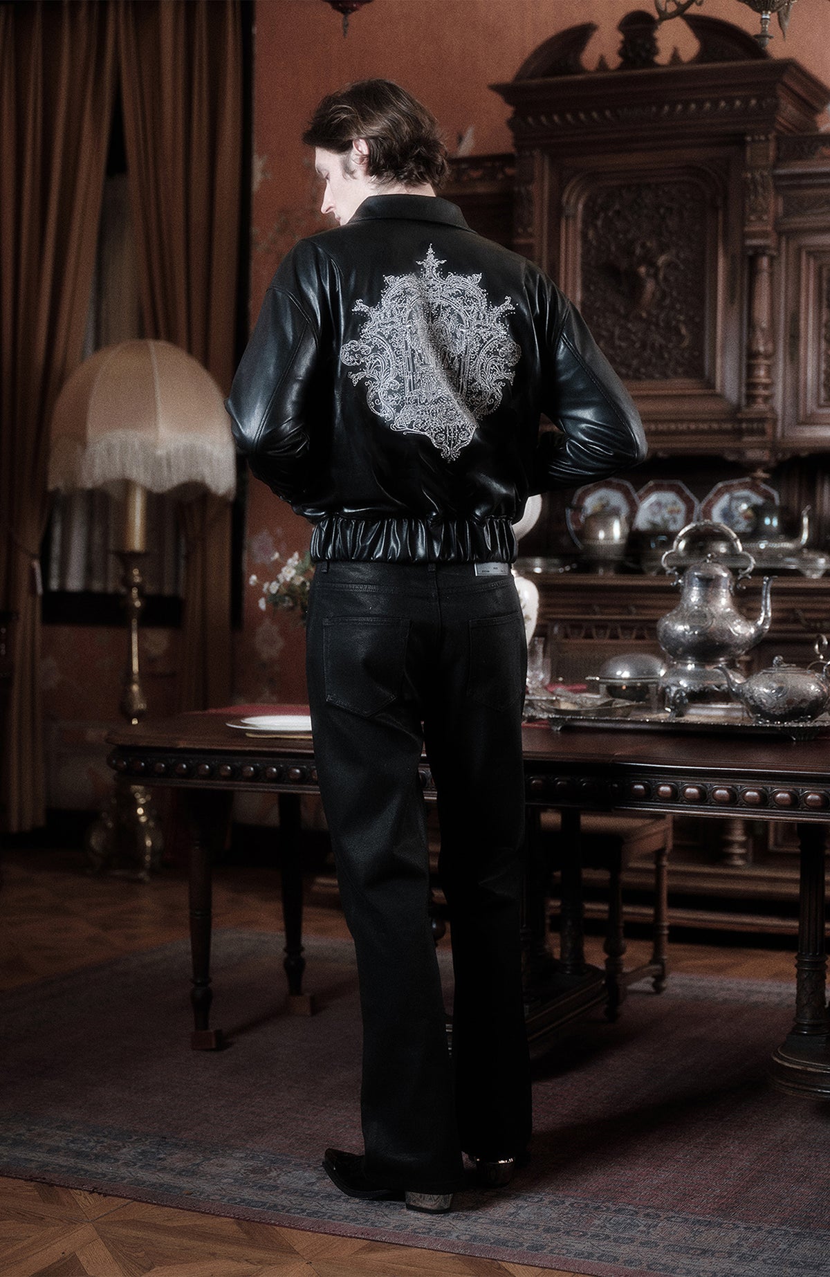 WANNA LAB Studded Embroidered Collar Faux Leather Jacket