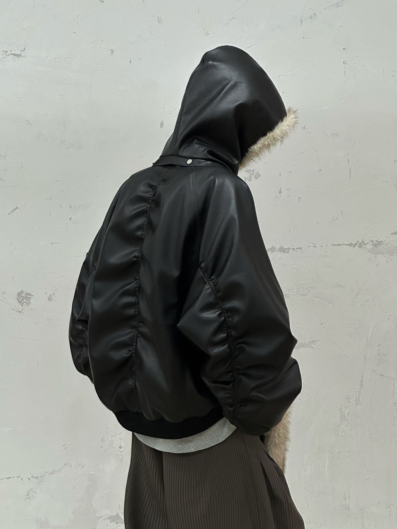 RELABEL Detachable Plush Scarf Ruched Hooded Jacket Black, premium urban and streetwear designers apparel on PROJECTISR.com, RELABEL