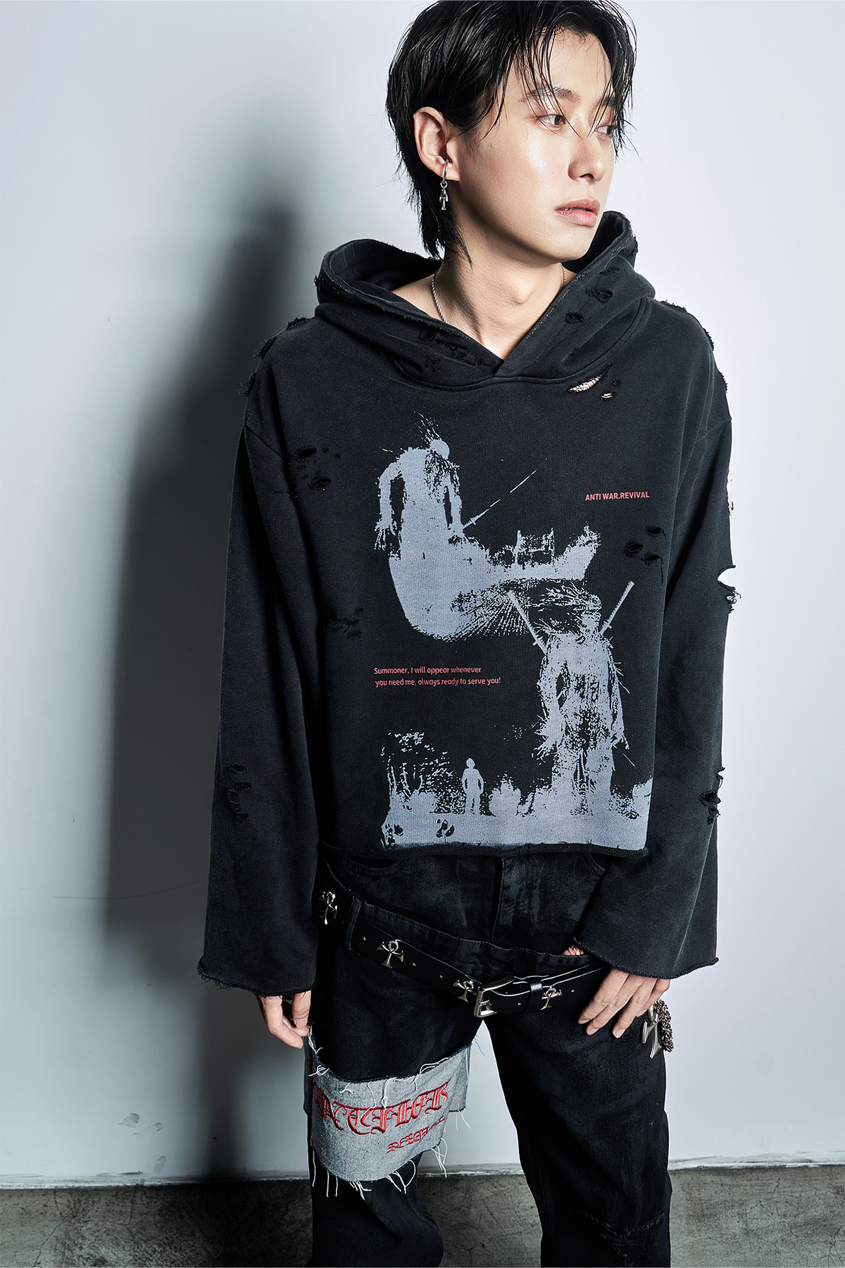 ANTI WAR REVIVAL Distressed Cut-Out Graphic Hoodie