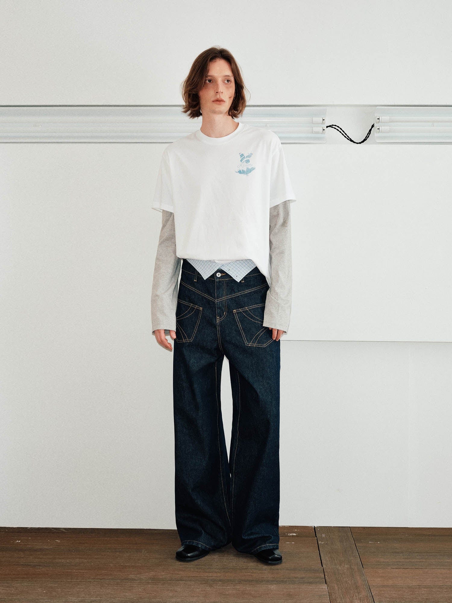 KREATE Reversed Fold-Over Wide-Leg Jeans, premium urban and streetwear designers apparel on PROJECTISR.com, KREATE