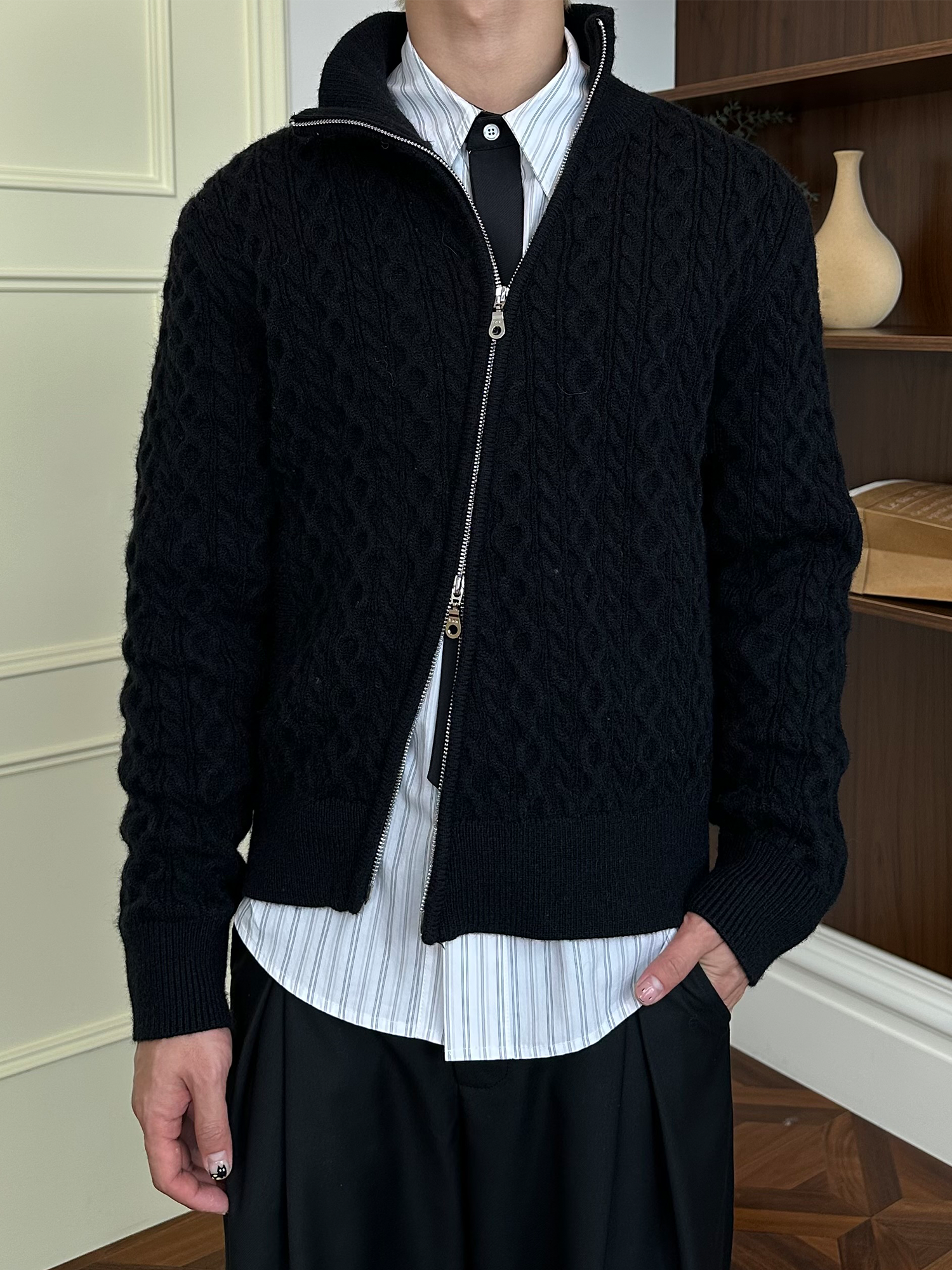 KREATE Asymmetrical Zip Cable-Knit Sweater