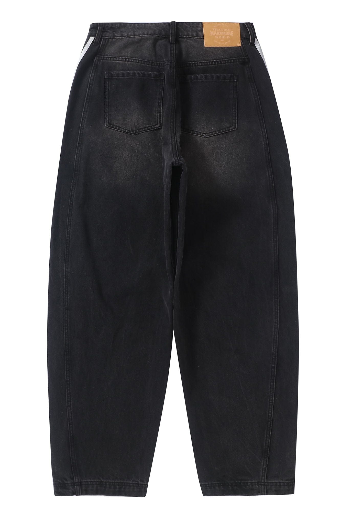 MAKEMORE Retro Washed Stripe Pleated Knees Jeans, premium urban and streetwear designers apparel on PROJECTISR.com, MAKEMORE