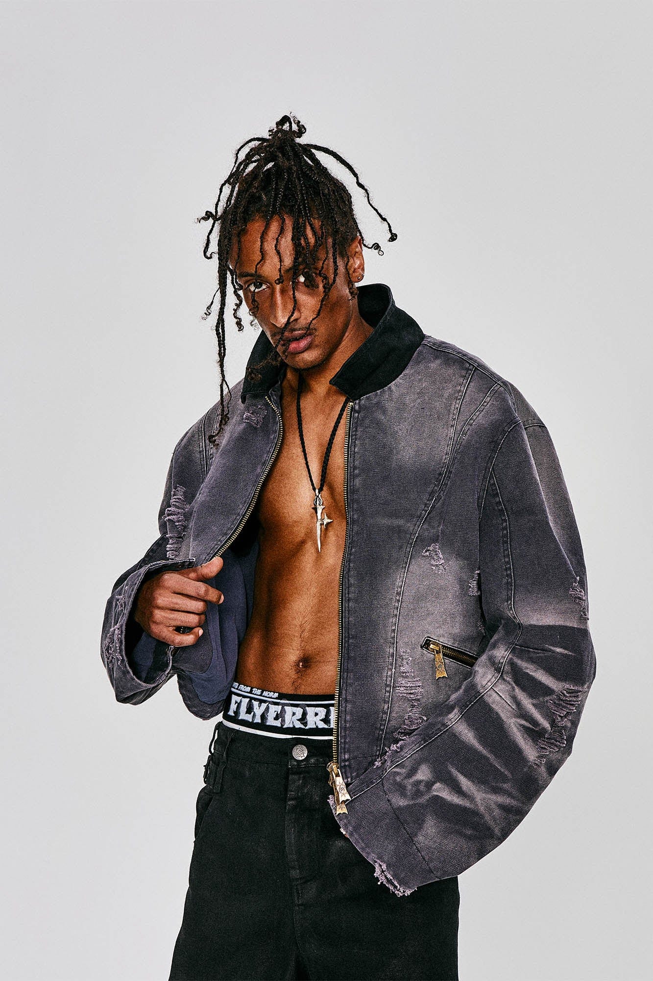 FLYERRER Distressed Curved Spliced Jacket Grey, premium urban and streetwear designers apparel on PROJECTISR.com, FLYERRER