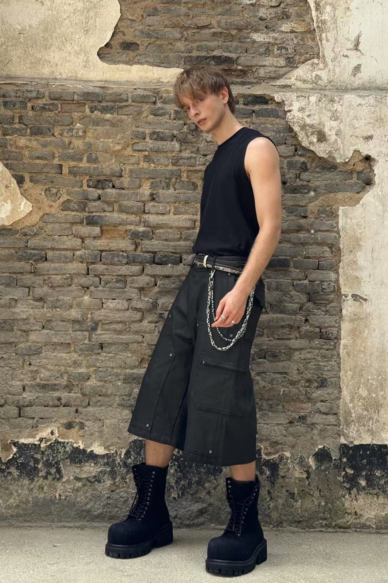 LUUUCAM Waxed Rivet Double-Knee Capri Shorts, premium urban and streetwear designers apparel on PROJECTISR.com, LUUUCAM