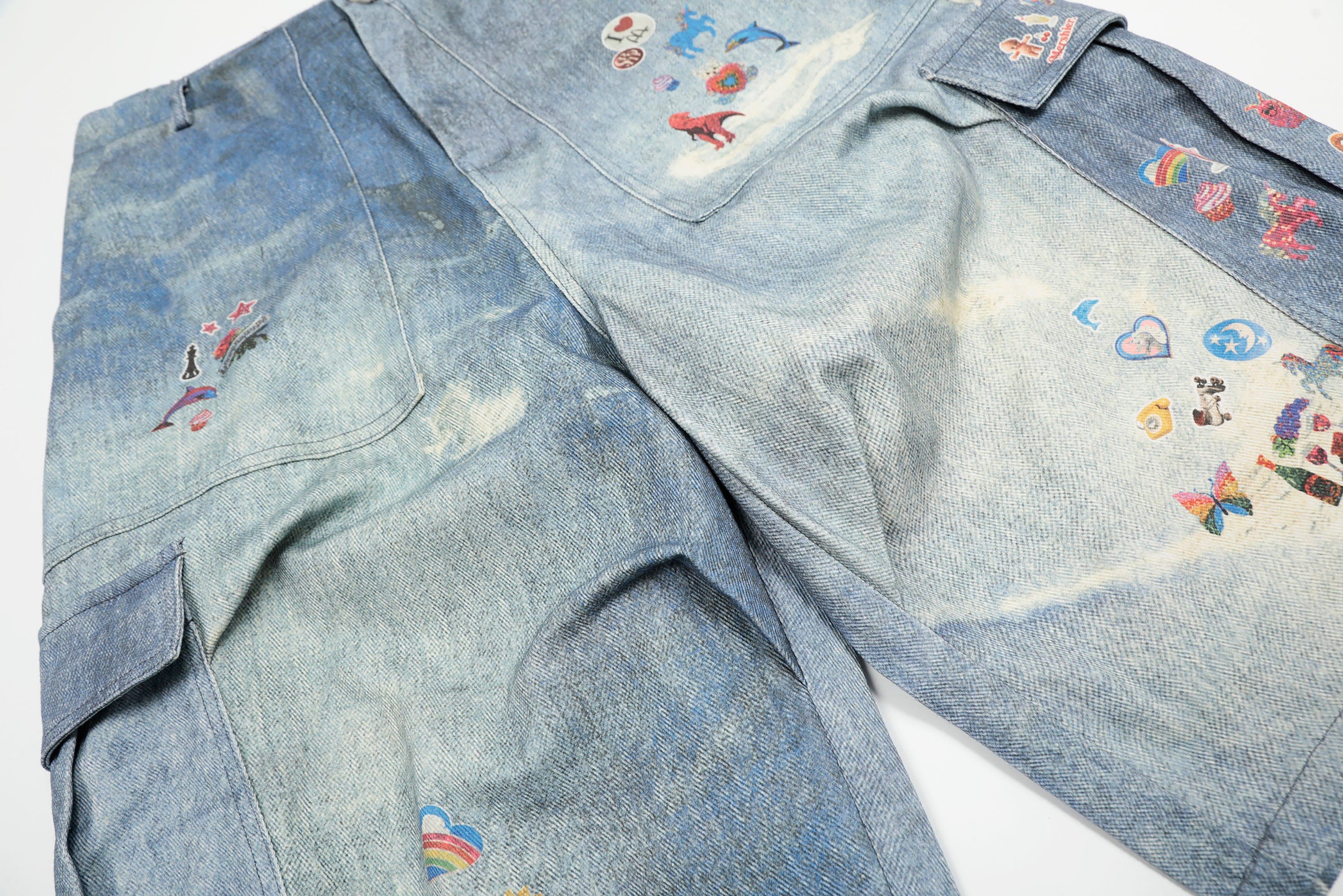 CLP Whimsical Distressed Stickers Cargo Denim Shorts, premium urban and streetwear designers apparel on PROJECTISR.com, CLP