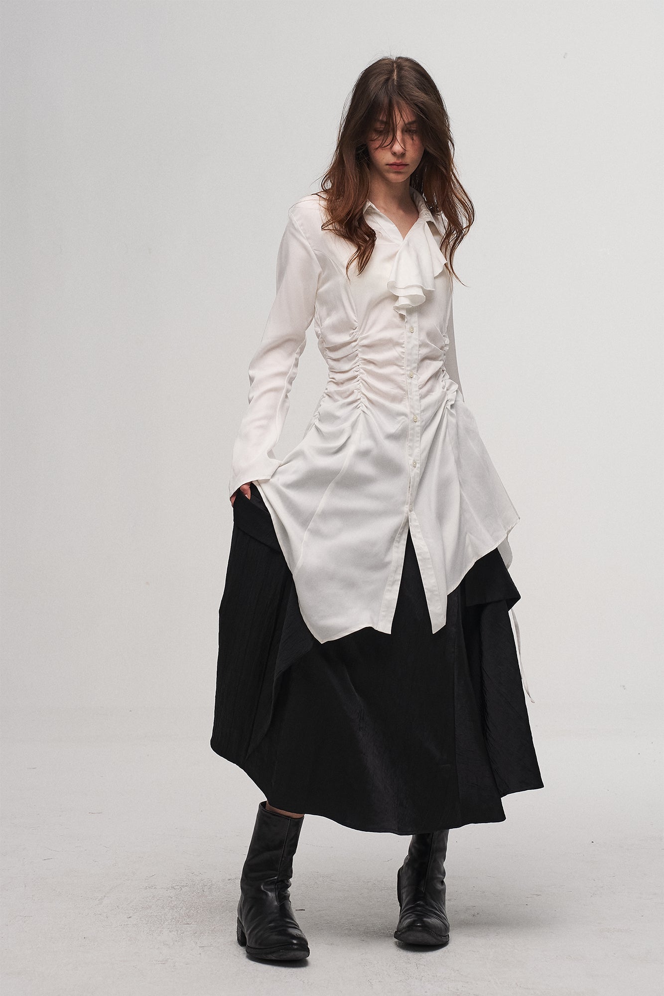 ILNya Nieternite Nifutur Ruched Waist Ruffle-Neck Long Shirt, premium urban and streetwear designers apparel on PROJECTISR.com, ILNya Nieternite Nifutur