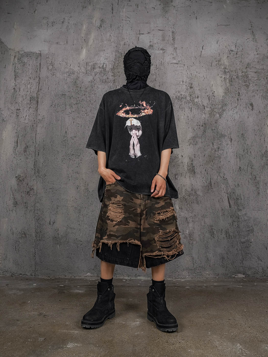 UNDERWATER Double-Layered Ripped Black Shorts Camo, premium urban and streetwear designers apparel on PROJECTISR.com, UNDERWATER