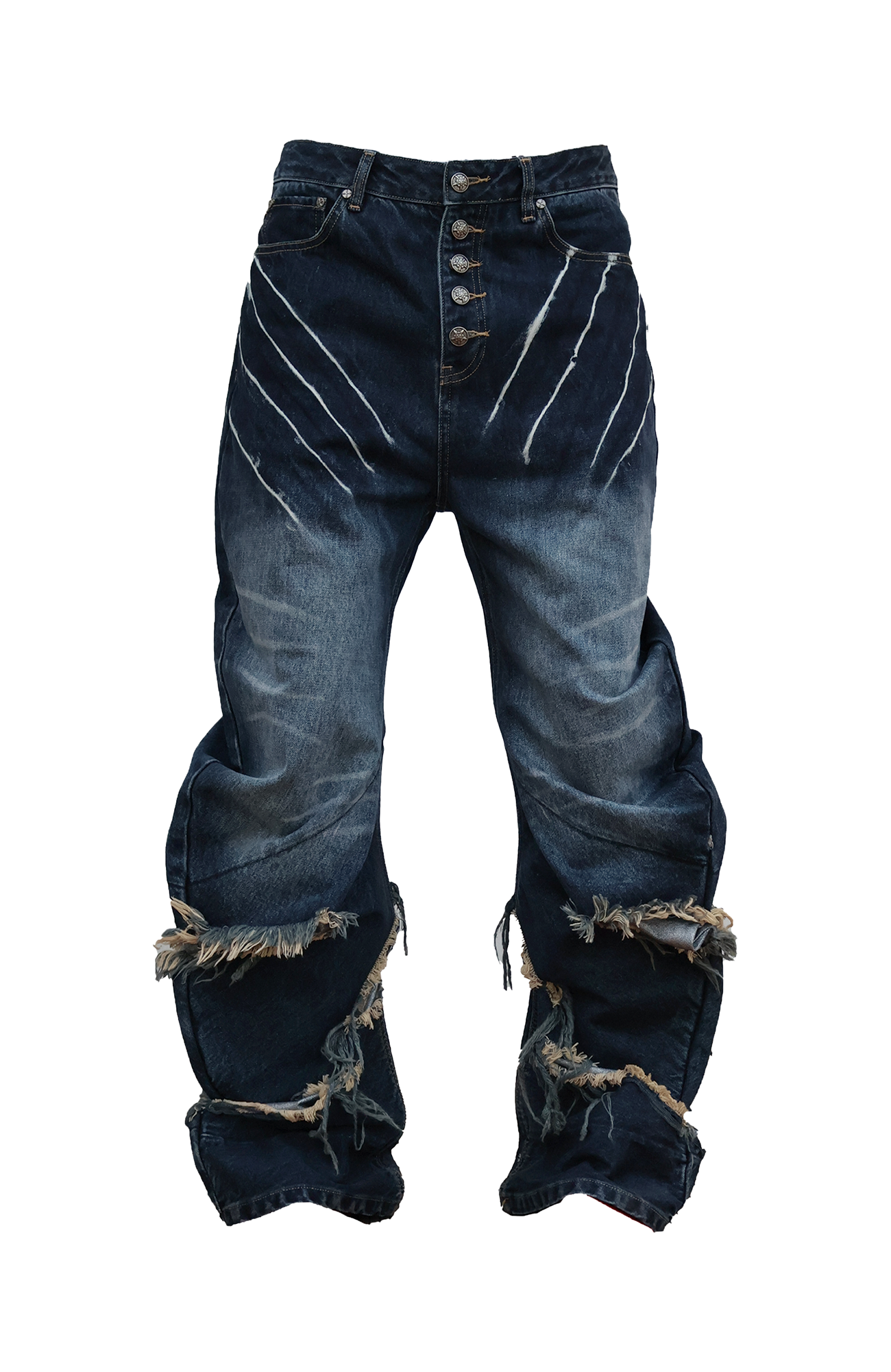 SEXXDEVIL Distressed Claw-Scratch Spliced Washed Curved Jeans