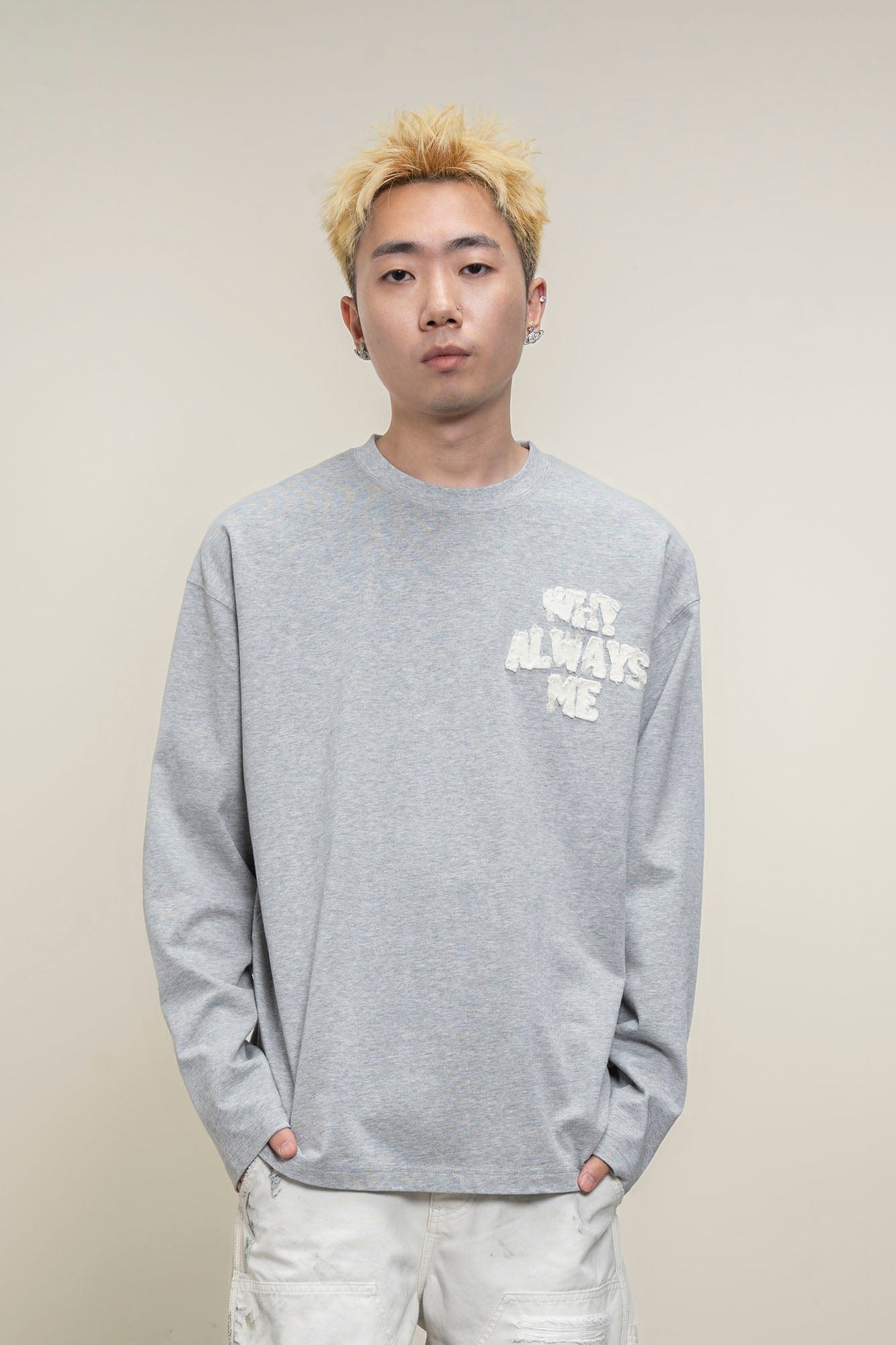 MAKEMORE Text Graphic Patch Long-Sleeve Tee, premium urban and streetwear designers apparel on PROJECTISR.com, MAKEMORE