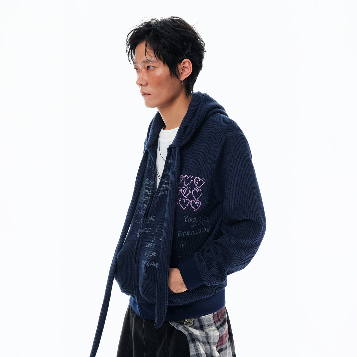 1997 POSTOFFICE Graffiti Waffle-Knit Tie-Strap Zip-Up Hoodie