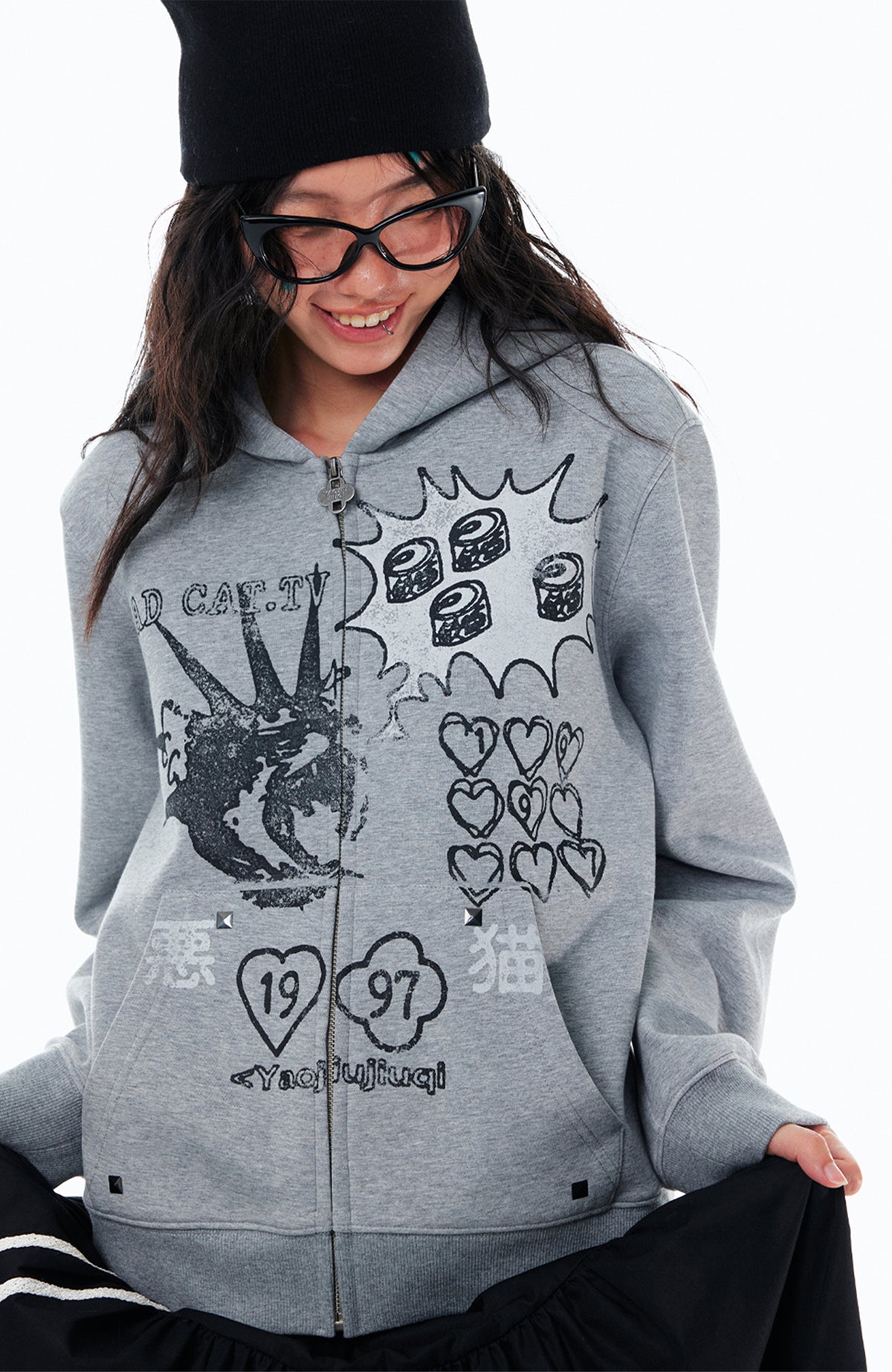 1997 POSTOFFICE Punk Bad Cat Graphic Zip-Up Hoodie