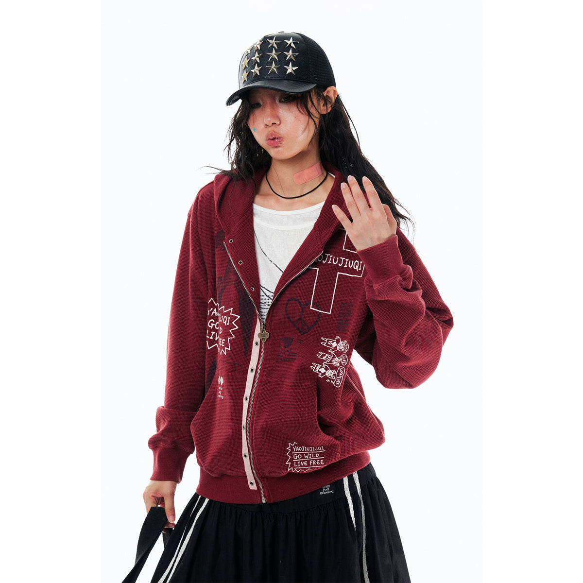 1997 POSTOFFICE Punk Graffiti Waffle-Knit Zip-Up Hoodie