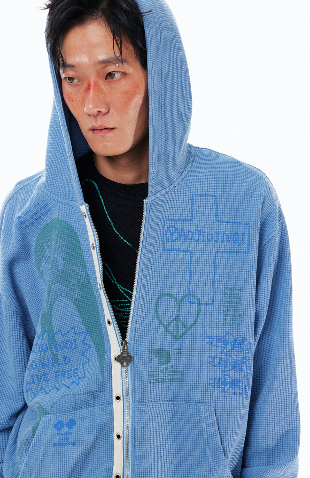 1997 POSTOFFICE Punk Graffiti Waffle-Knit Zip-Up Hoodie