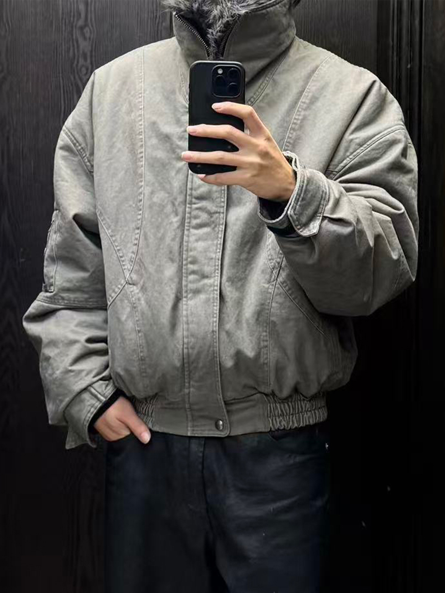 TRECLUB Faux-Fur Lining Washed Bomber Jacket