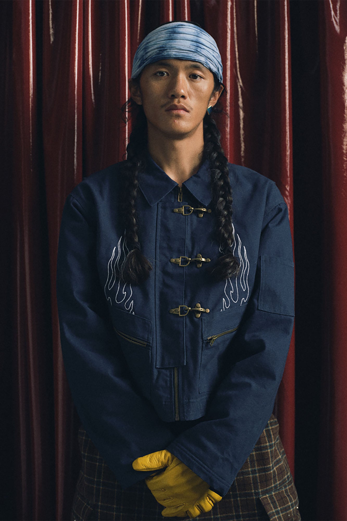 TRECLUB Flame Embroidered Hook Buckle Cropped Jacket