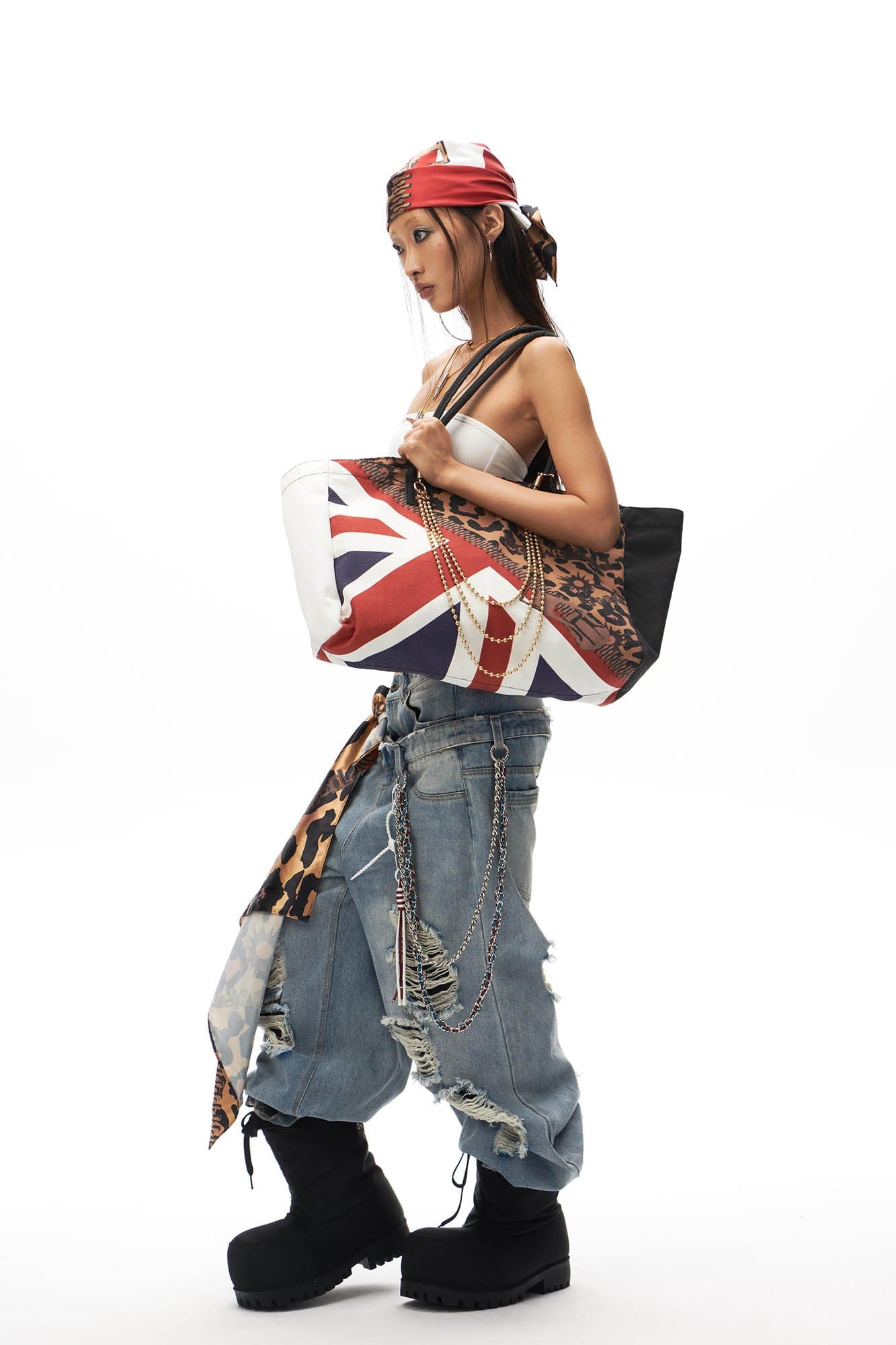 SCHWARZGOLD Leopard Union Flag Patched Chain Tote, premium urban and streetwear designers apparel on PROJECTISR.com, SCHWARZGOLD