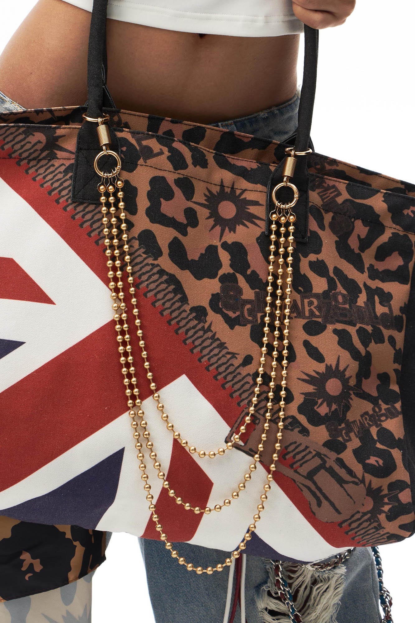 SCHWARZGOLD Leopard Union Flag Patched Chain Tote, premium urban and streetwear designers apparel on PROJECTISR.com, SCHWARZGOLD