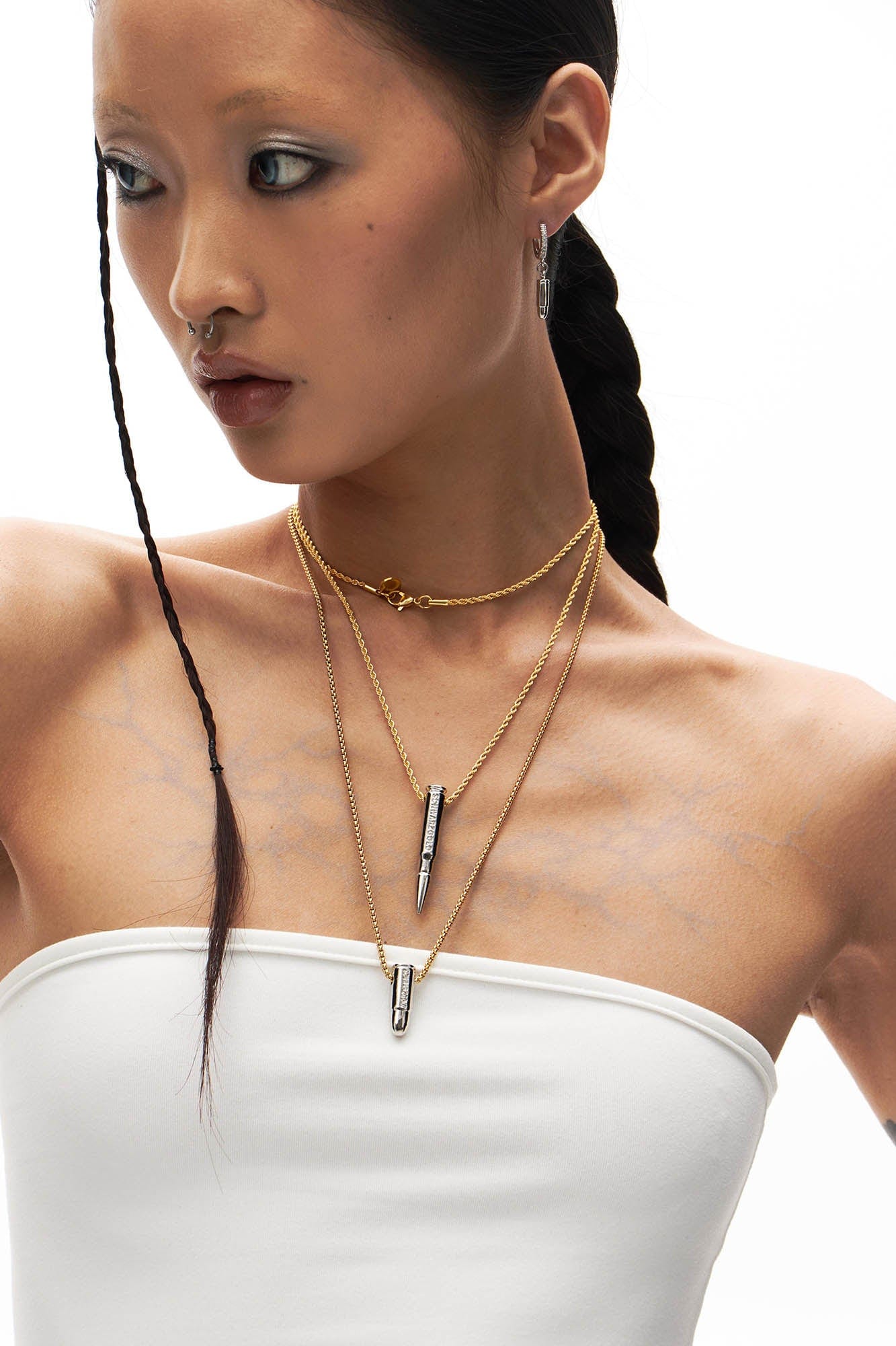 SCHWARZGOLD Layered Bullet Pendant Necklace Silver, premium urban and streetwear designers apparel on PROJECTISR.com, SCHWARZGOLD