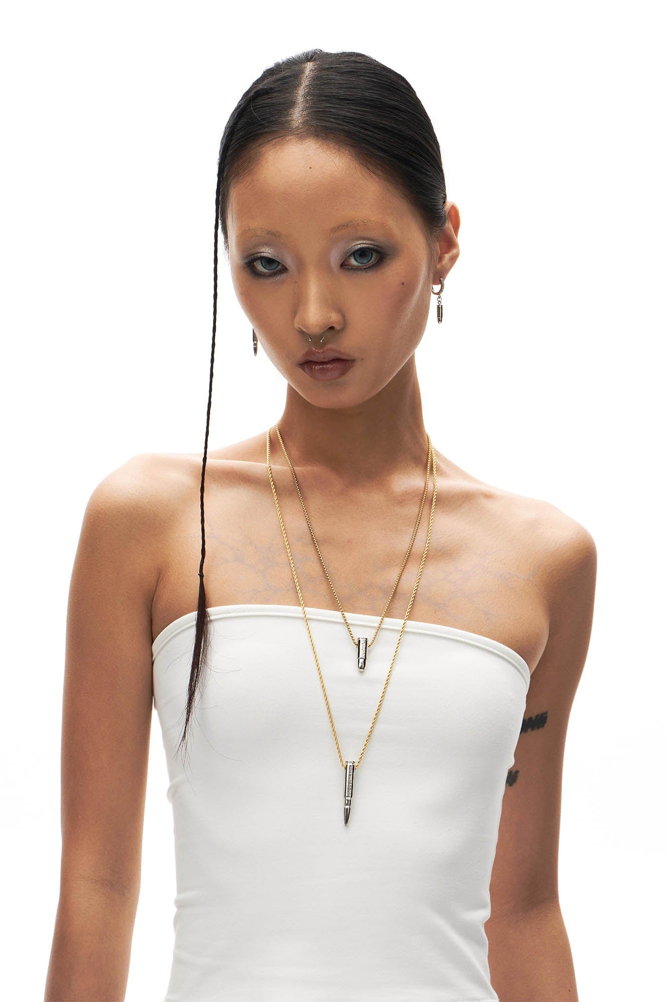 SCHWARZGOLD Layered Bullet Pendant Necklace Silver, premium urban and streetwear designers apparel on PROJECTISR.com, SCHWARZGOLD