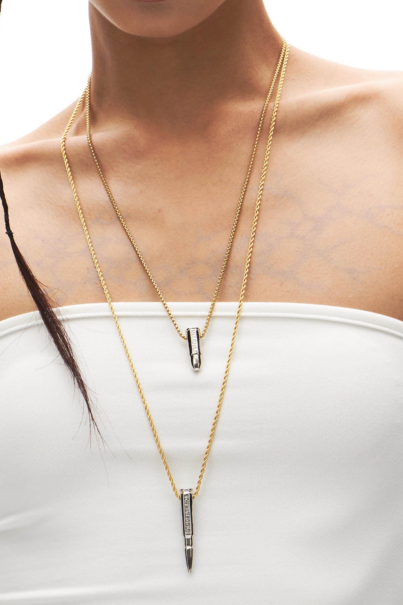 SCHWARZGOLD Layered Bullet Pendant Necklace Silver, premium urban and streetwear designers apparel on PROJECTISR.com, SCHWARZGOLD