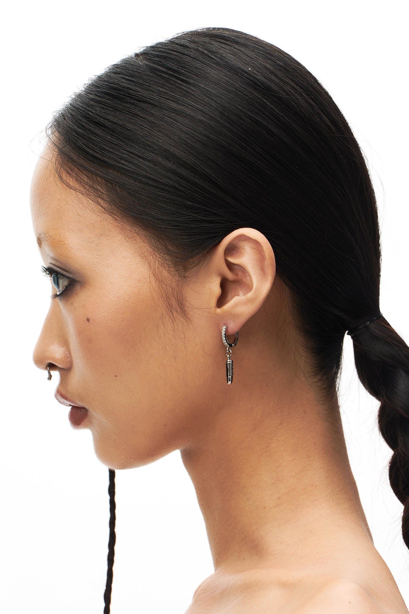 SCHWARZGOLD Diamond Bullet Drop Hoop Earrings, premium urban and streetwear designers apparel on PROJECTISR.com, SCHWARZGOLD