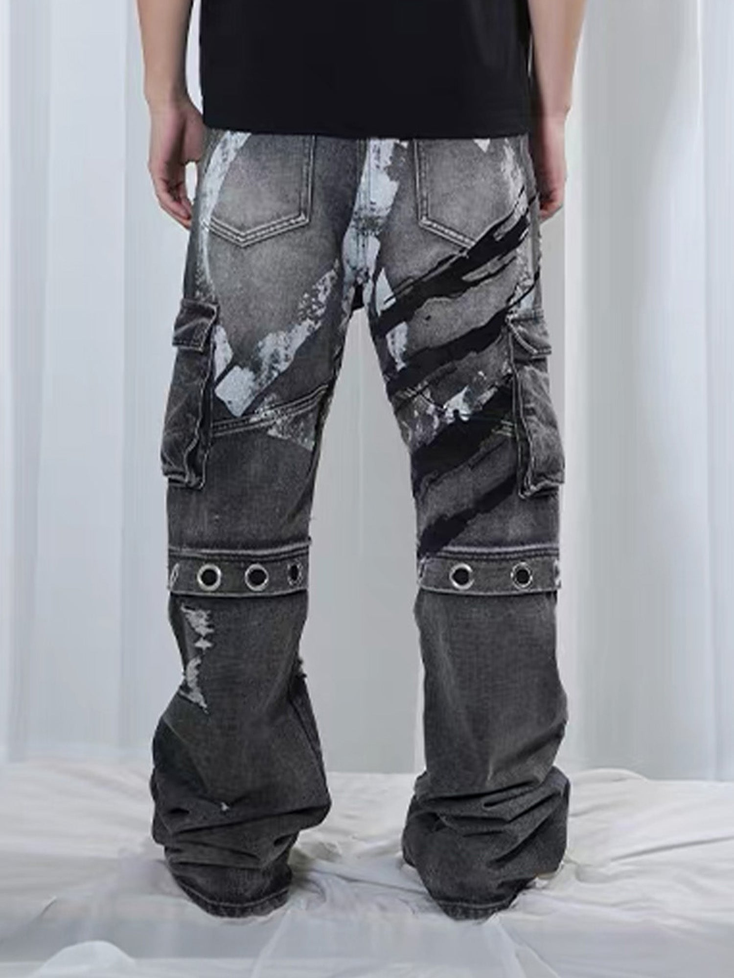VINKID Distressed Grommet Strap Flared Jeans, premium urban and streetwear designers apparel on PROJECTISR.com, VINKID