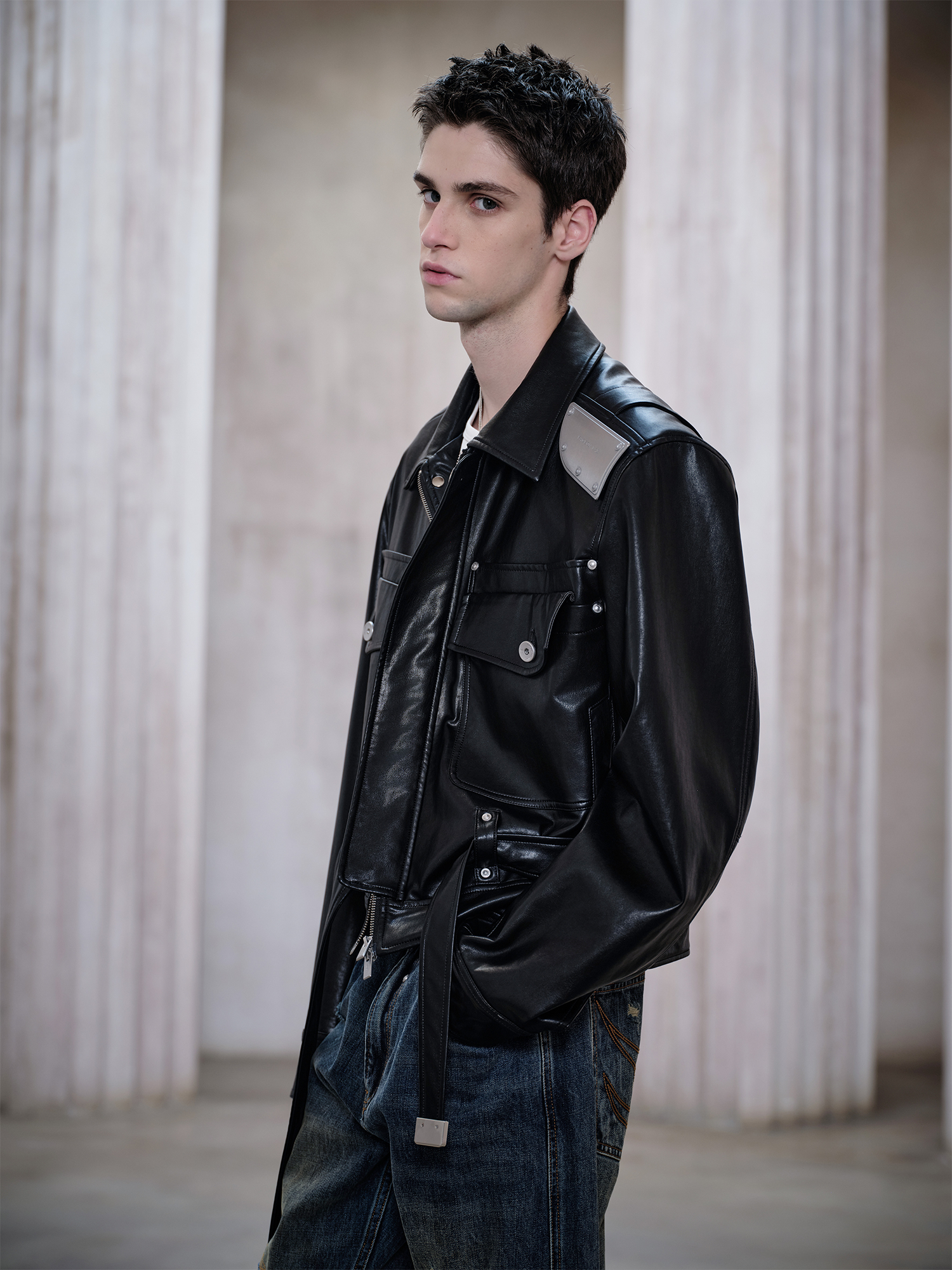 FACEONLAB Metal Epaulettes Belted Faux Leather Jacket Black