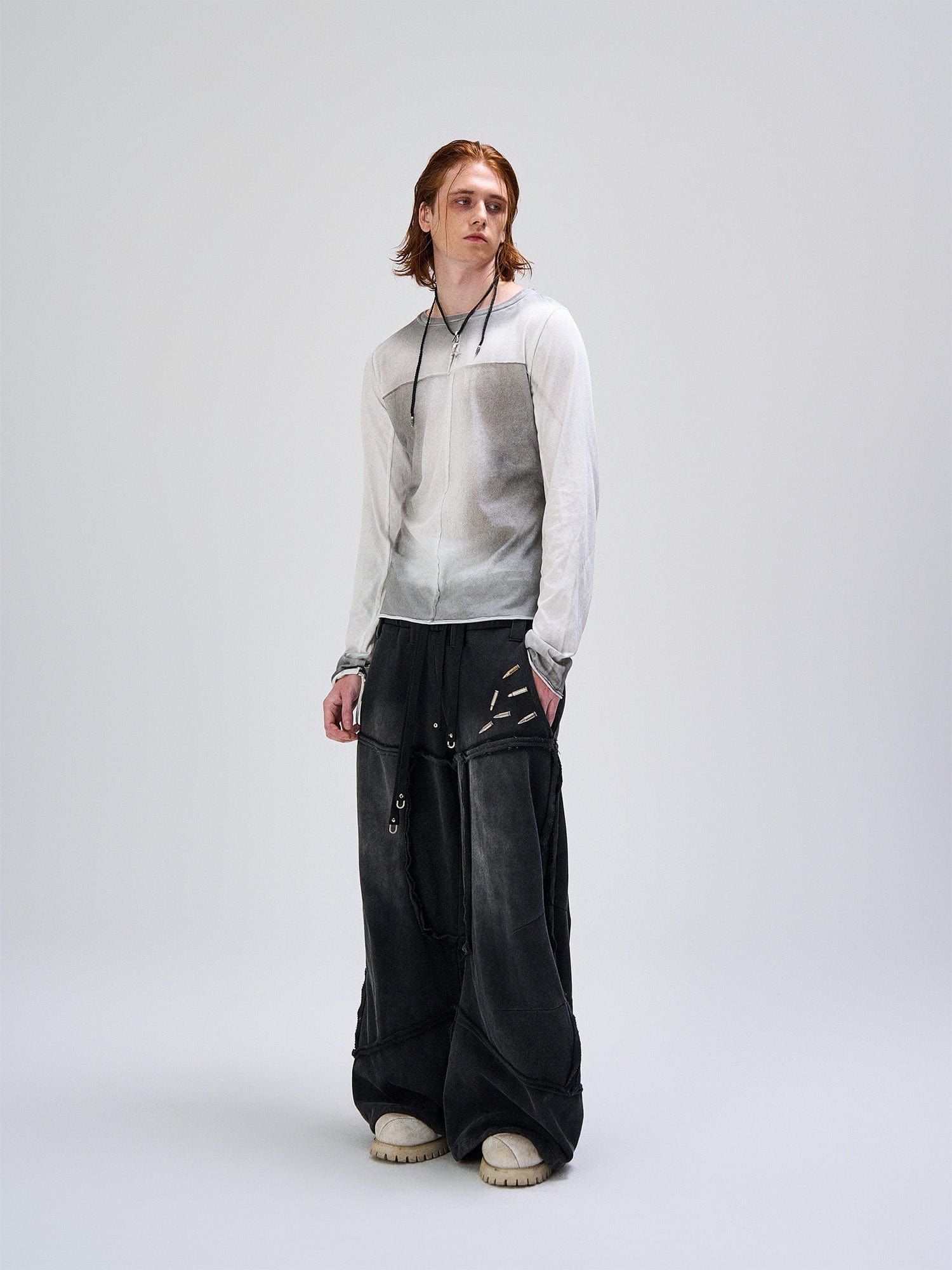 FLYERRER Washed Gradient Cross-Panel Raw-Edge Long-Sleeve Tee, premium urban and streetwear designers apparel on PROJECTISR.com, FLYERRER