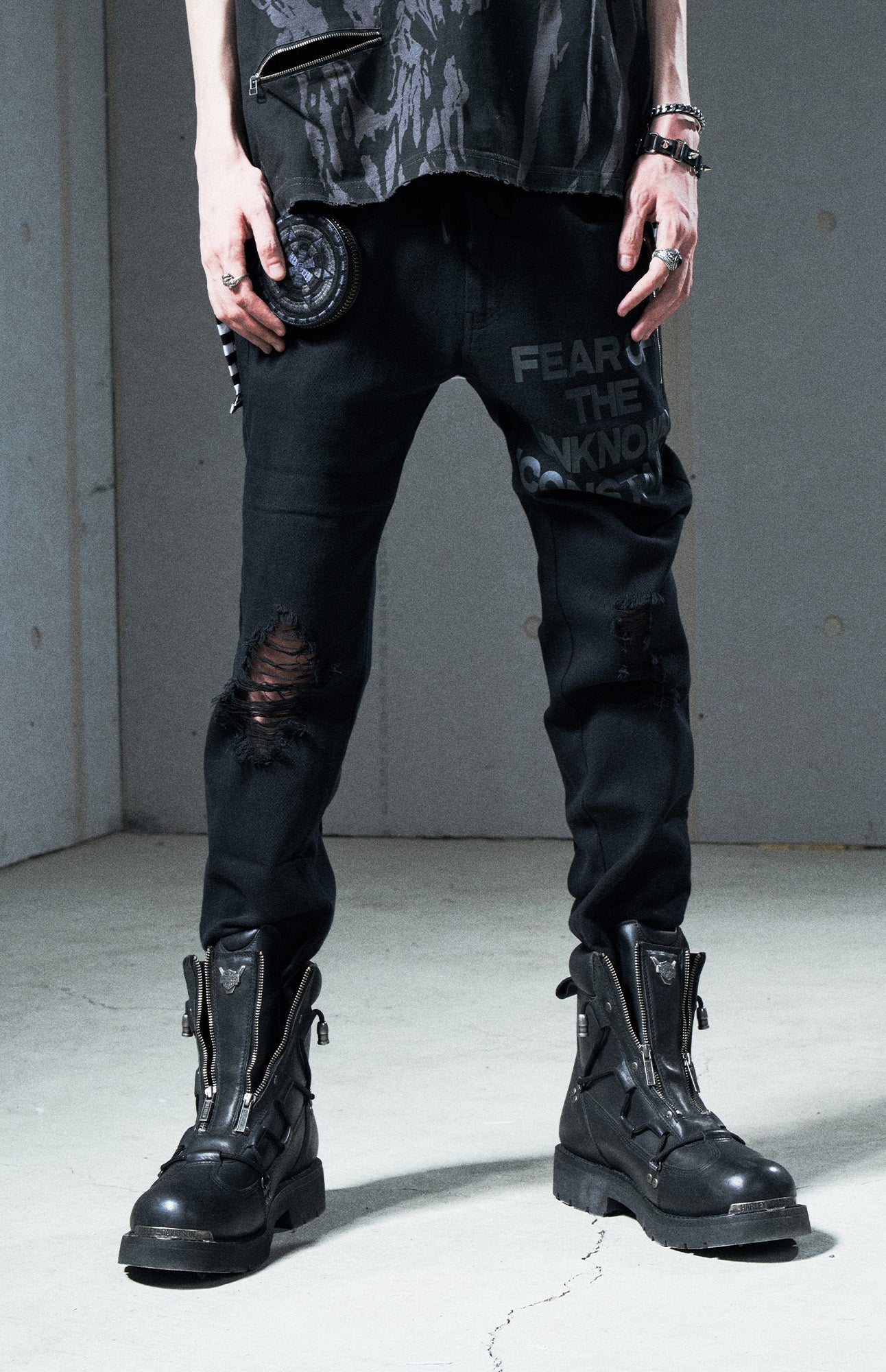 VENTUREK Distressed Zippered-Hem Slogan Slim Pants, premium urban and streetwear designers apparel on PROJECTISR.com, VENTUREK
