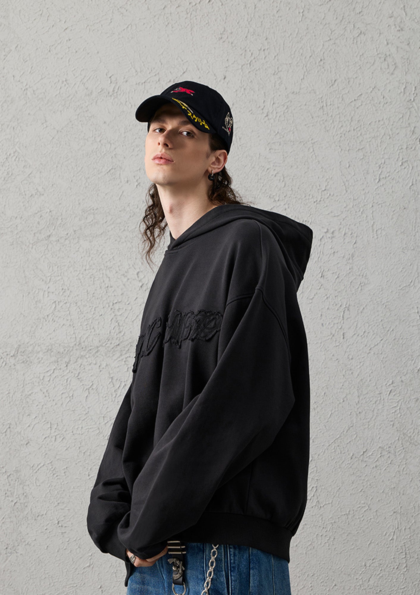 ORGANIC EMOTION Asymmetrical Hem LOGO Embroidered Hoodie, premium urban and streetwear designers apparel on PROJECTISR.com, ORGANIC EMOTION
