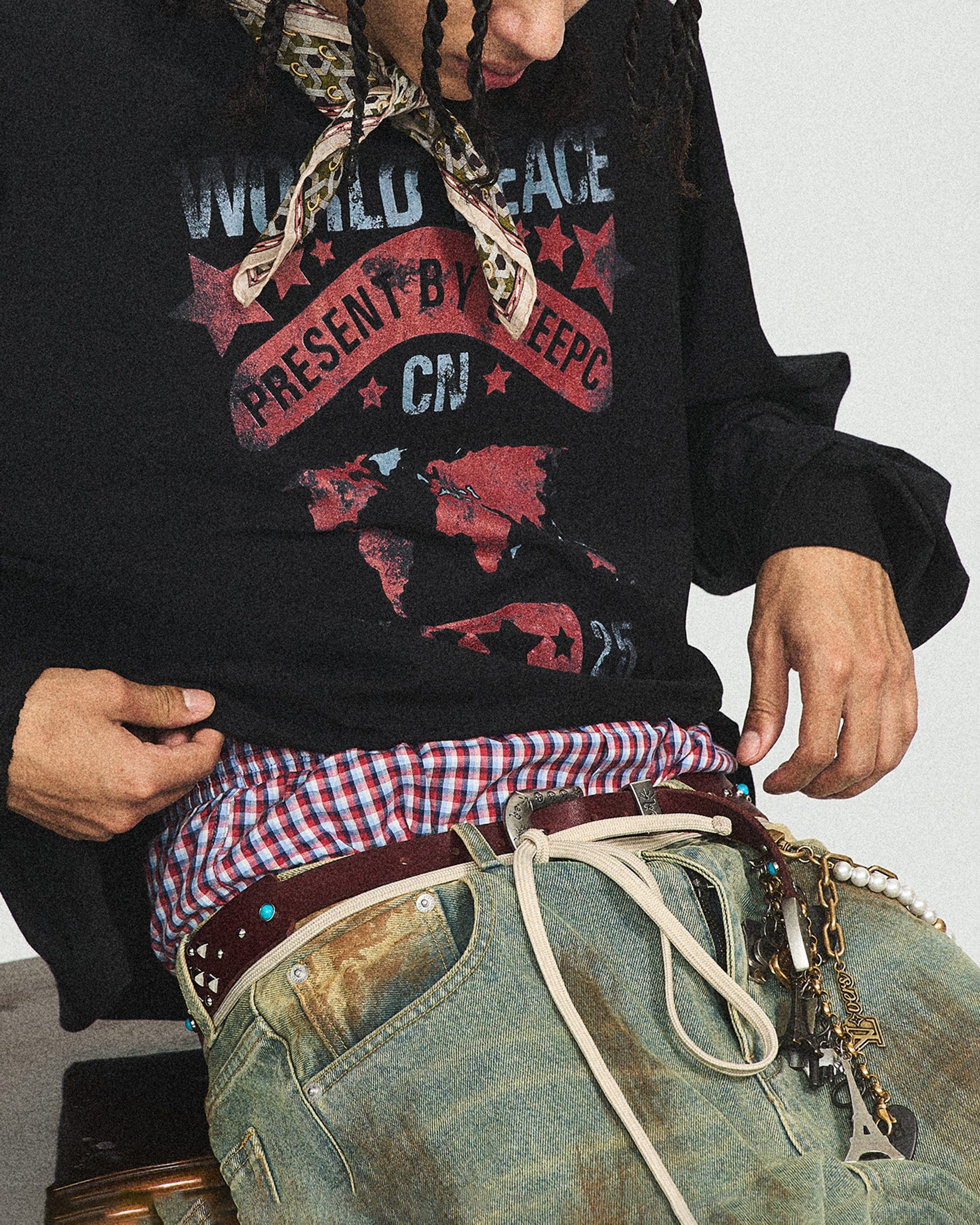 STEEPC Retro World Peace Frayed Long-Sleeve Tee, premium urban and streetwear designers apparel on PROJECTISR.com, STEEPC