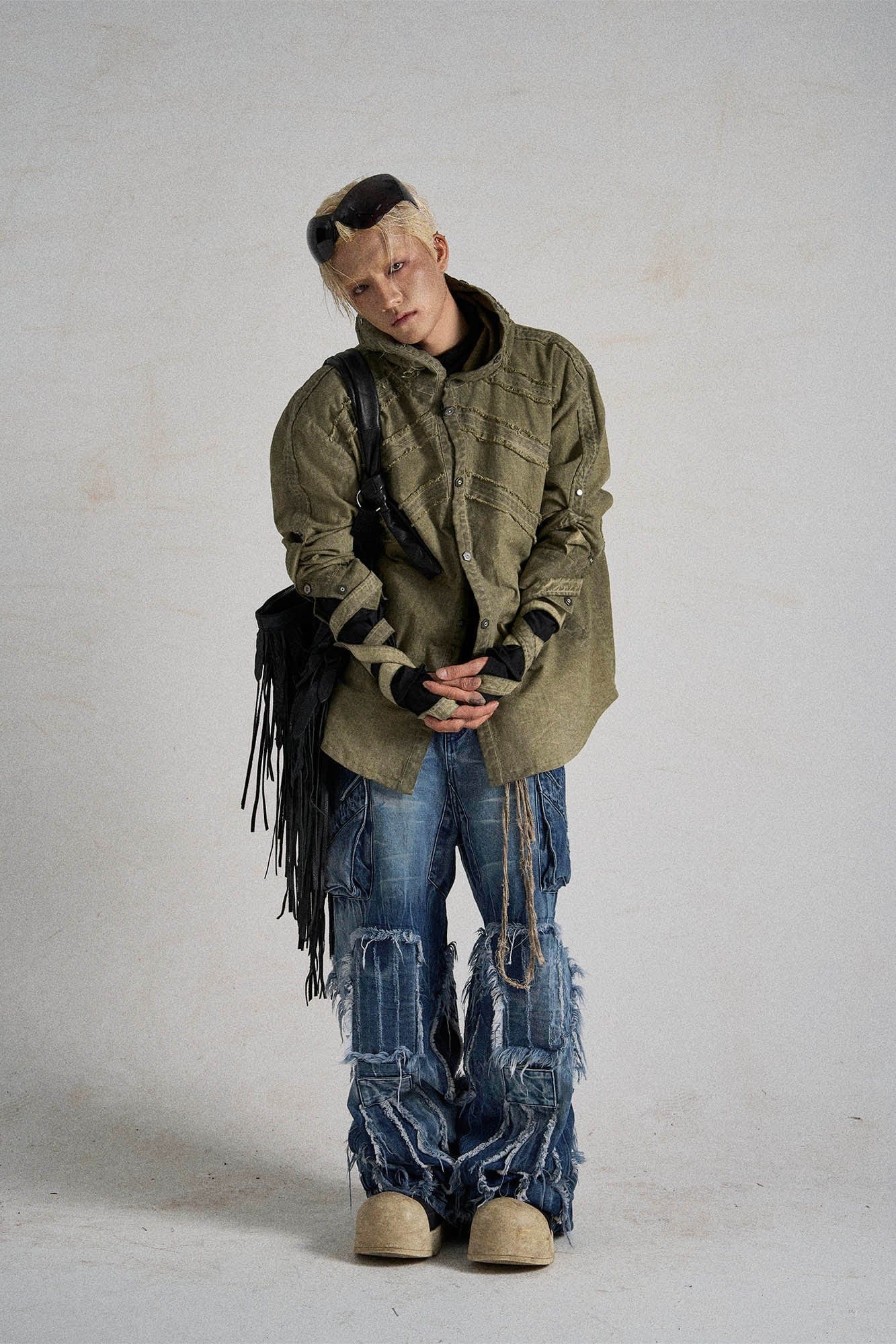 FLYERRER Frayed Fishbone Spliced Strap Hooded Jacket, premium urban and streetwear designers apparel on PROJECTISR.com, FLYERRER