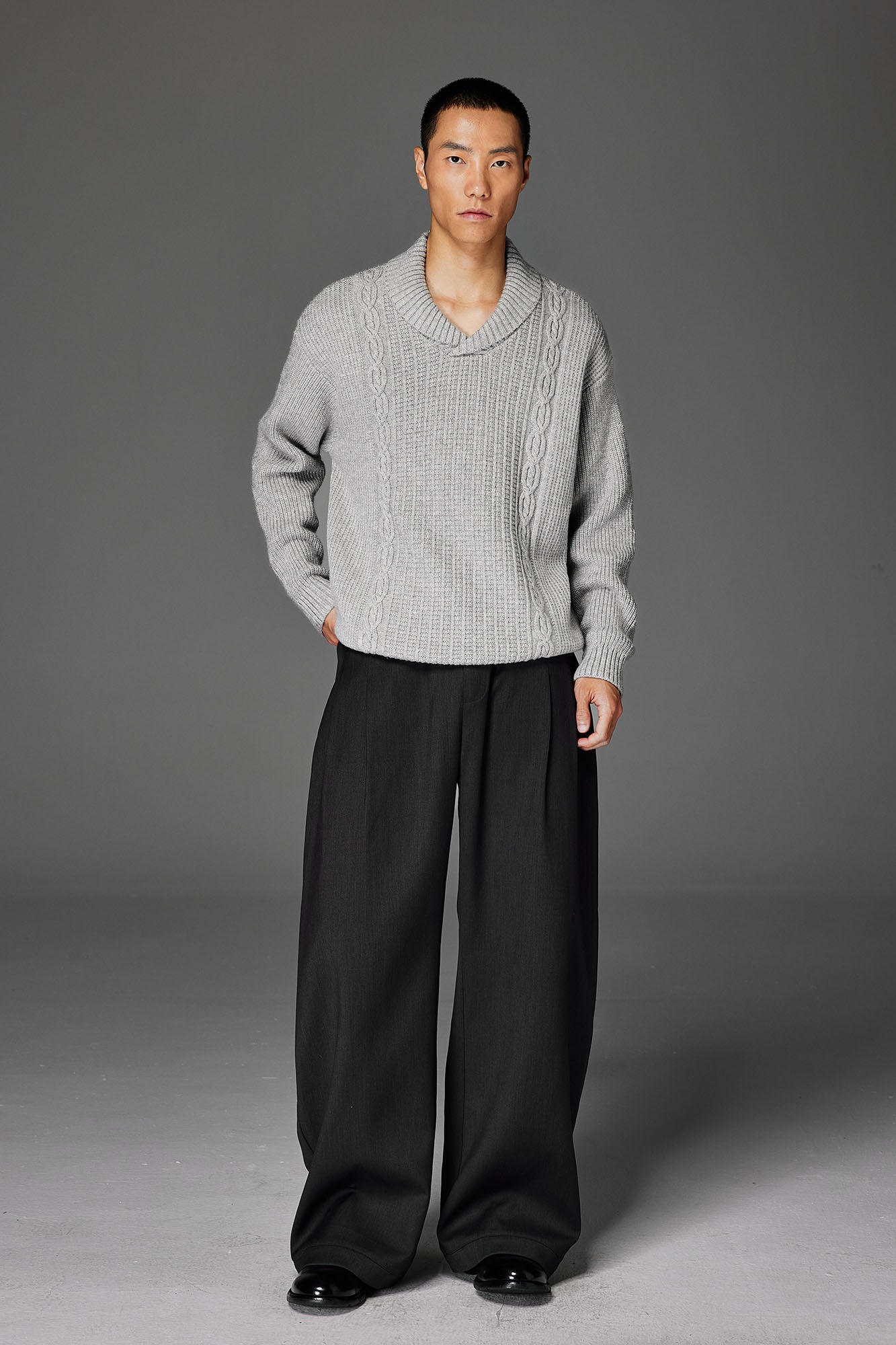 CATSSTAC Wool-Blend Shawl-Collar Cable Knit Sweater