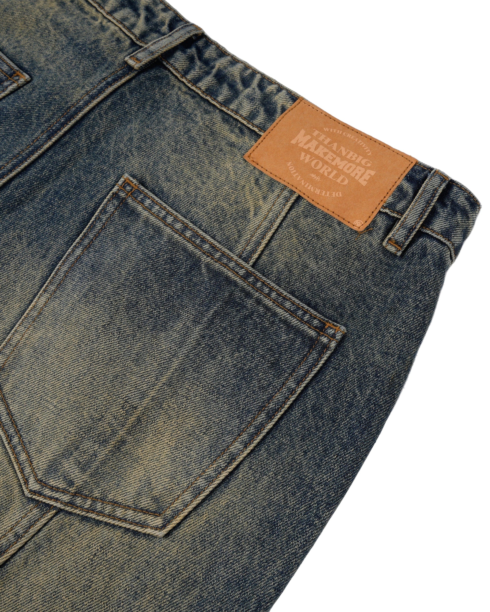 MAKEMORE Deconstructed Washed Rivet Jeans, premium urban and streetwear designers apparel on PROJECTISR.com, MAKEMORE