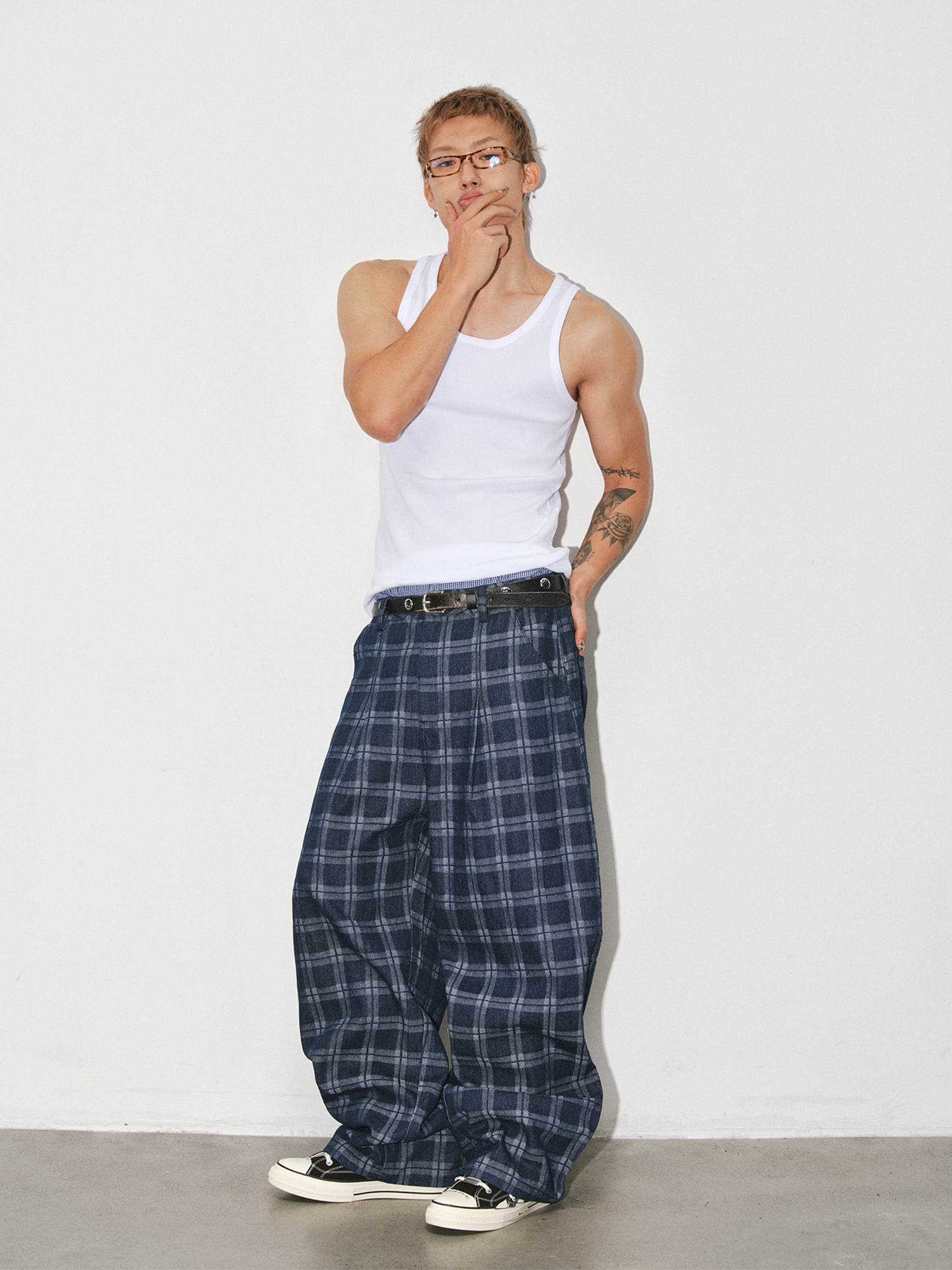 NOVACAM Retro Plaid Wide-Leg Jeans