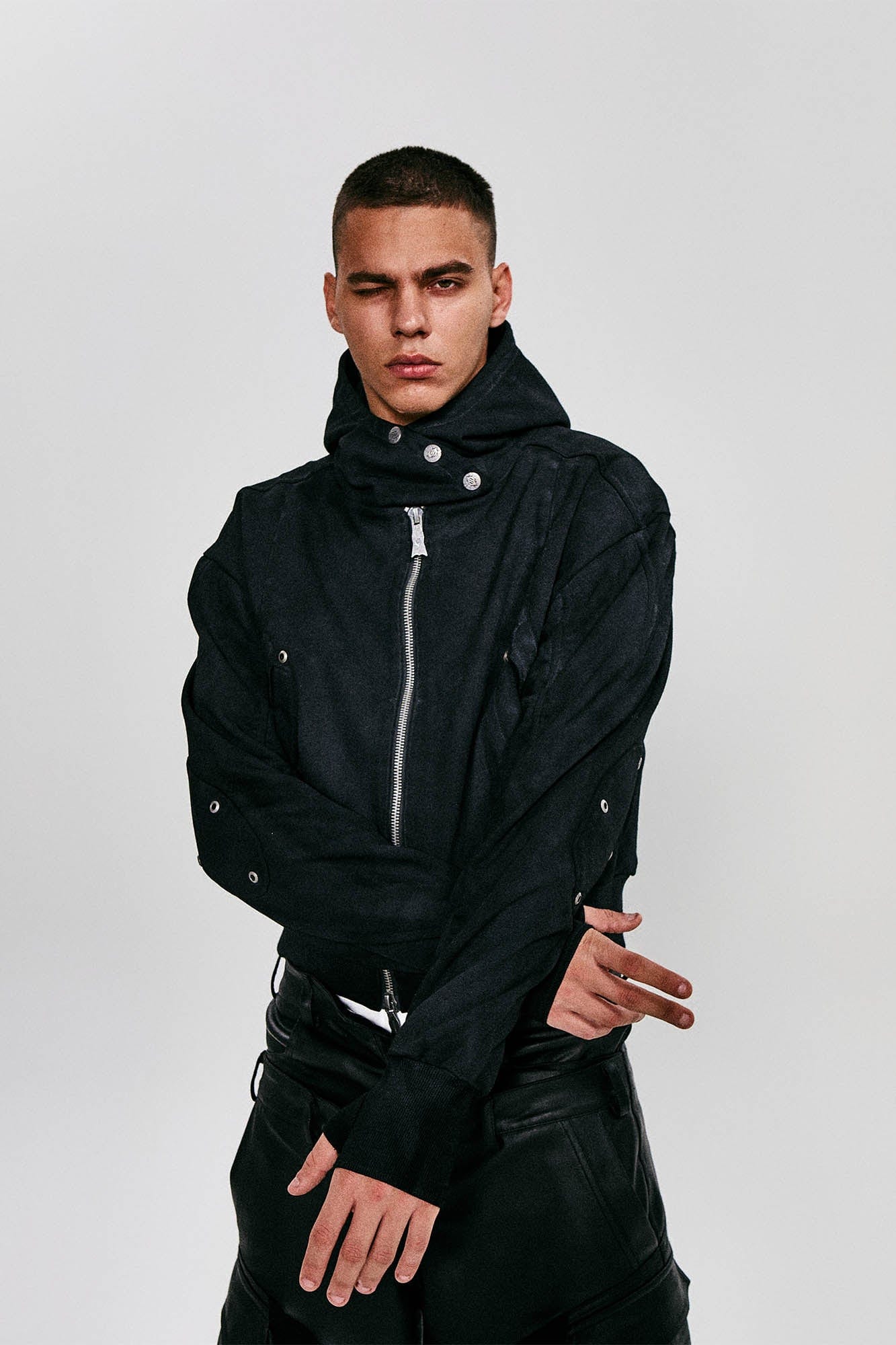 FLYERRER Grommet Spliced Zip-Up Cropped Hoodie, premium urban and streetwear designers apparel on PROJECTISR.com, FLYERRER