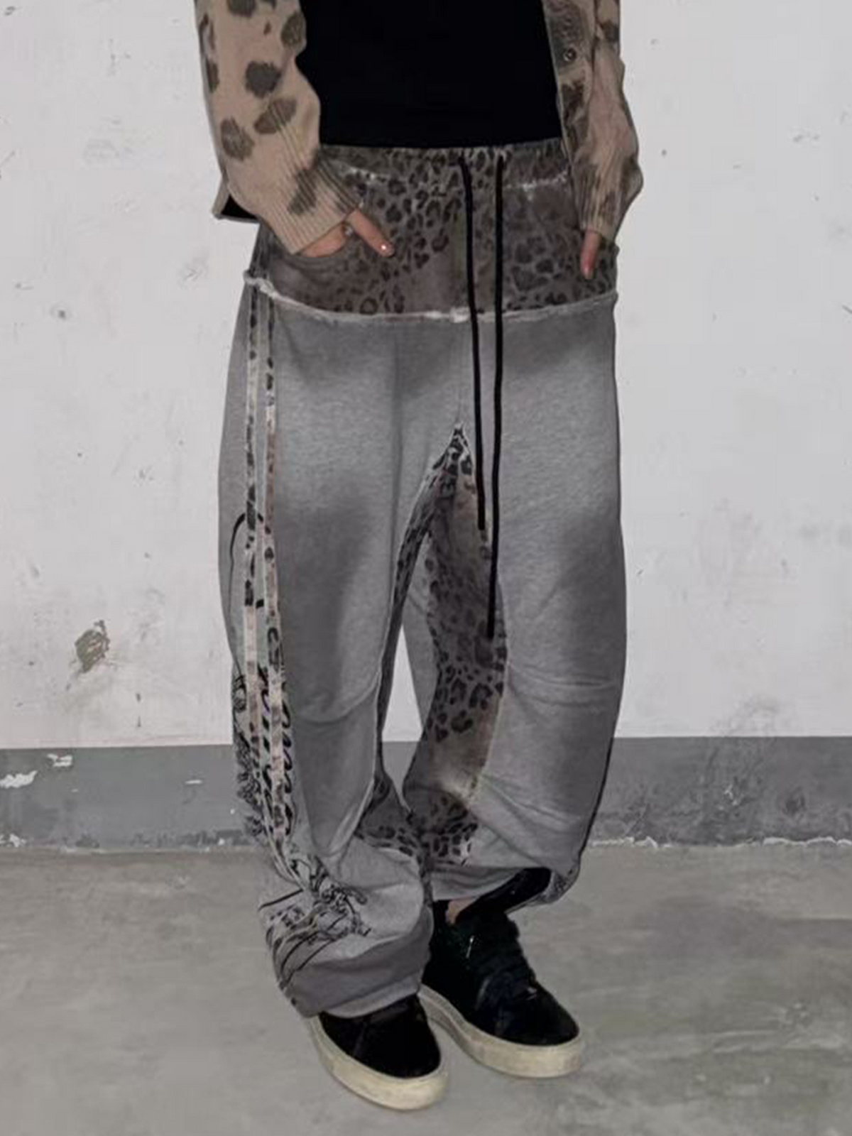 SAXGENWON Leopard Layered Frayed Paint-Splattered Sweatpants