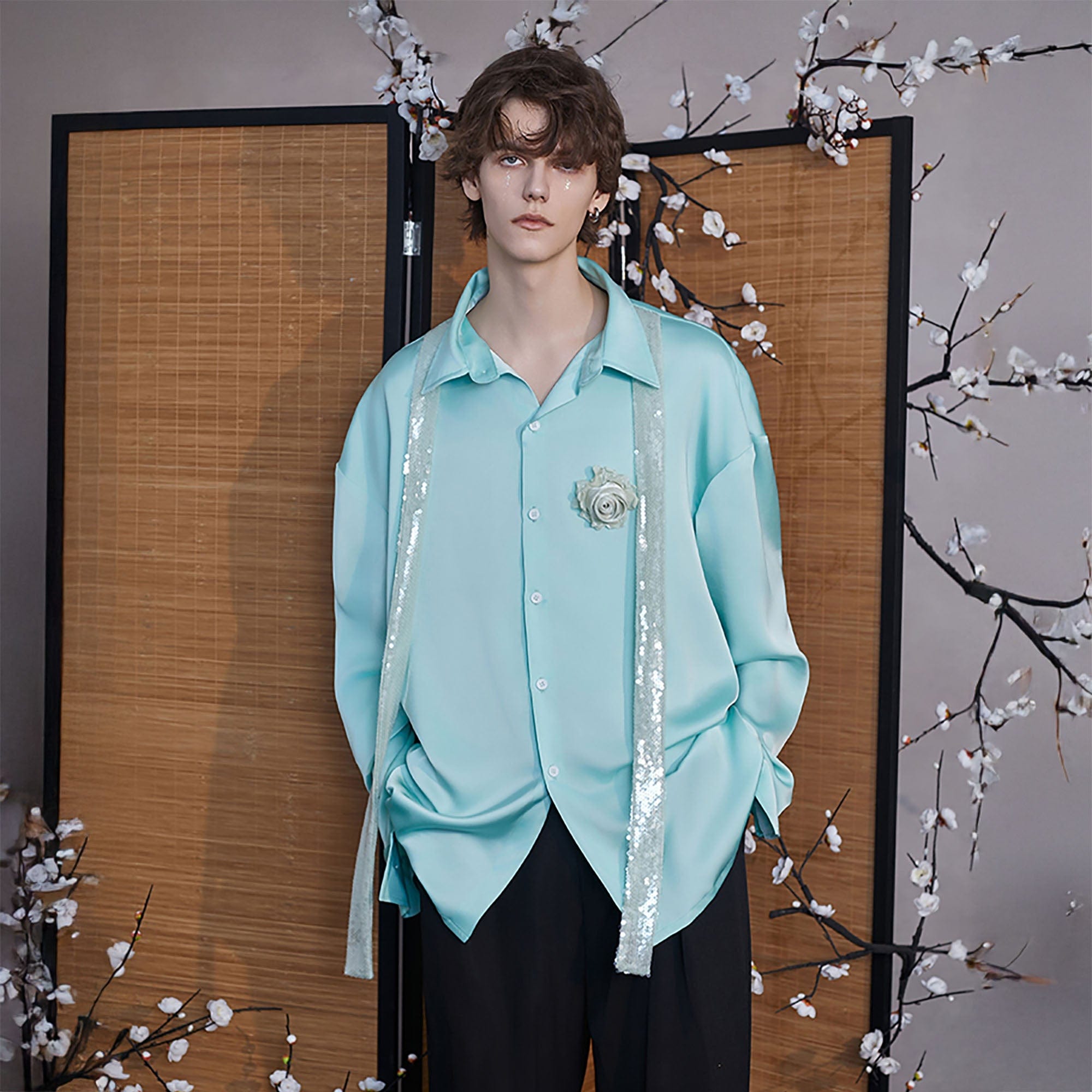 JIECHI Bloom Sequin-Draped Satin Shirt Aqua, premium urban and streetwear designers apparel on PROJECTISR.com, JIECHI