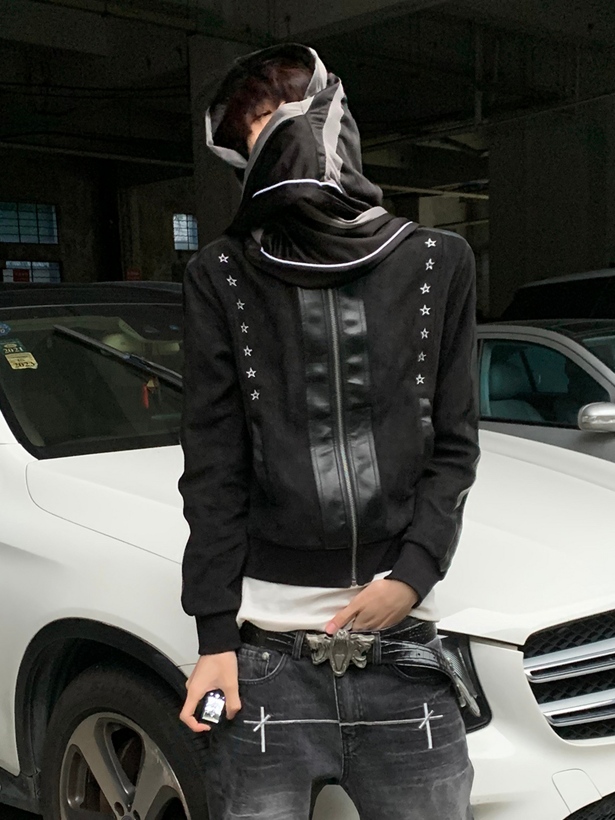 SAXGENWON Embroidered Spliced Suede Stand-Collar Jacket