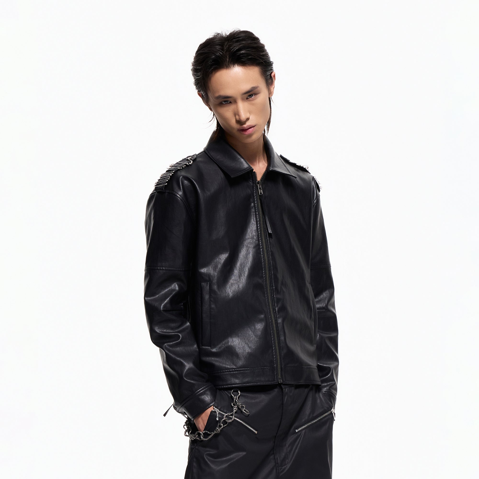 2000RSK Pin-Shoulder Faux Leather Biker Jacket