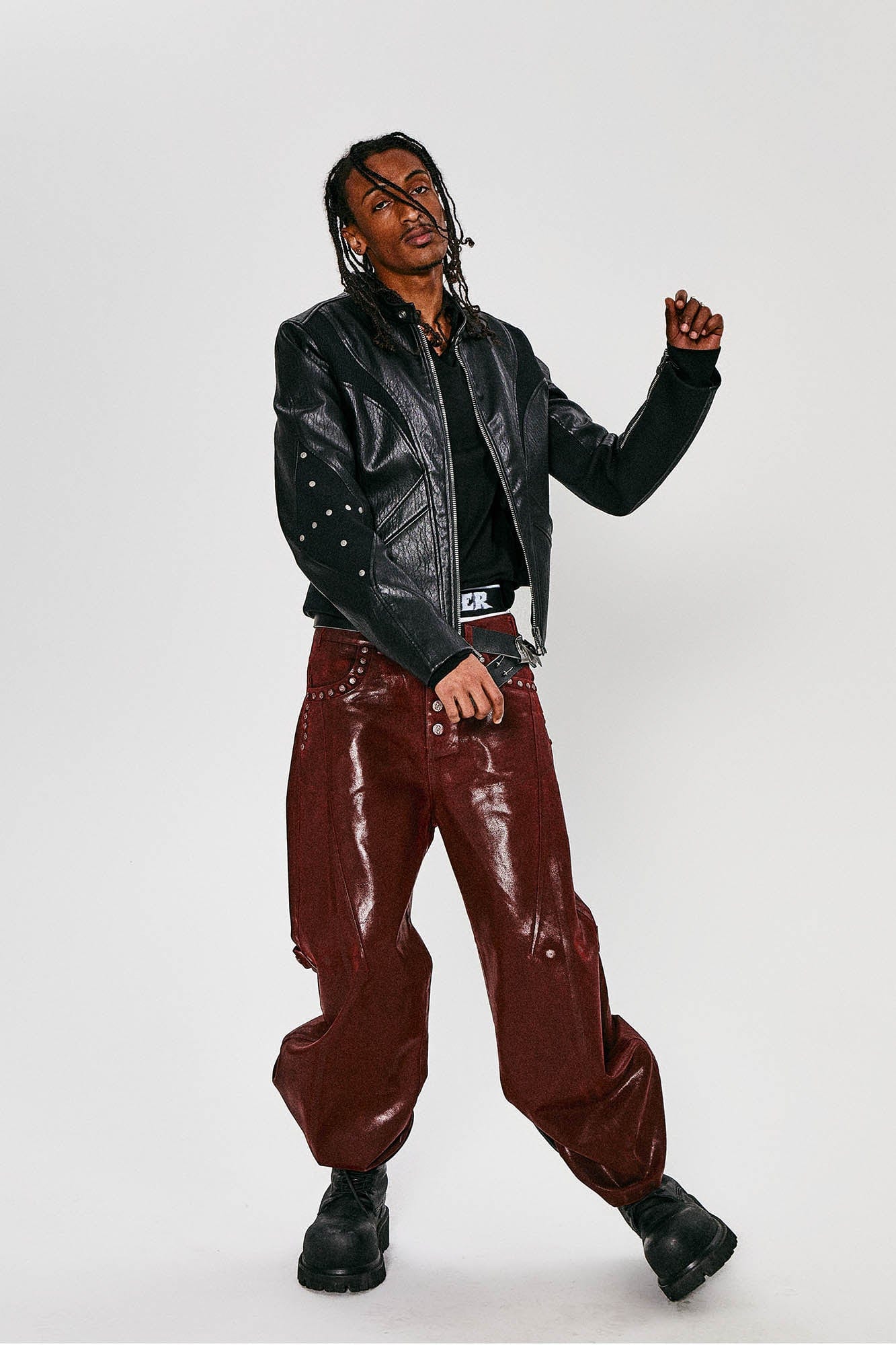 FLYERRER Waxed Spliced Studded Flared Pants, premium urban and streetwear designers apparel on PROJECTISR.com, FLYERRER