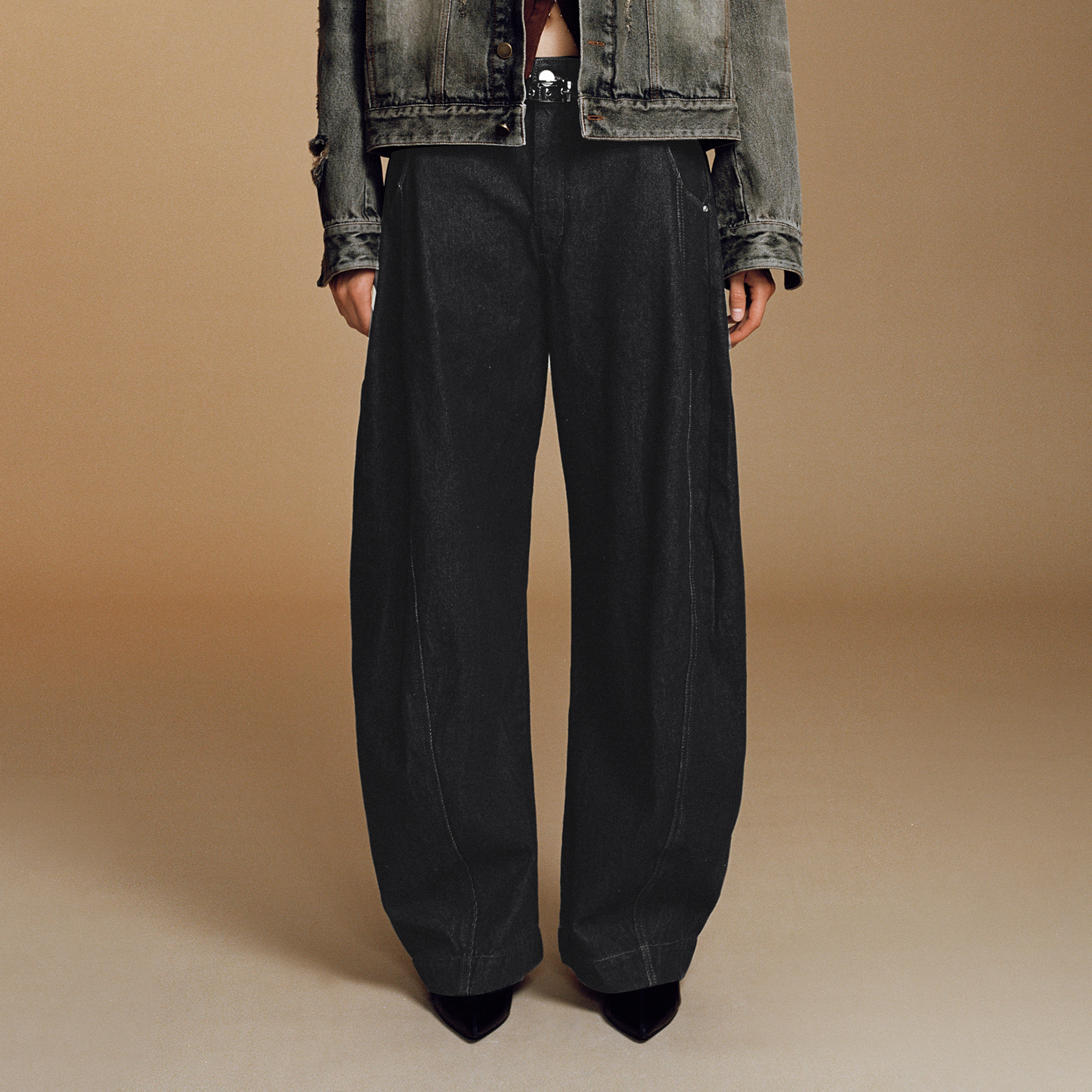 OPICLOTH Curved Panel Oversized Raw Jeans