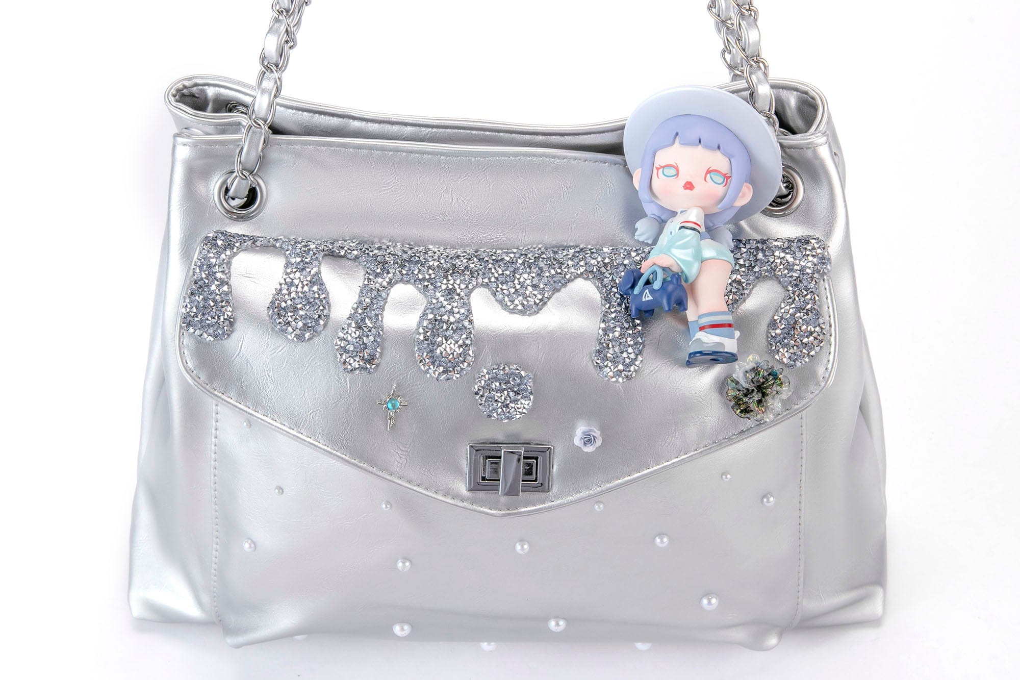 BLING BOX Silver Glitter Drip Doll Shoulder Bag, premium urban and streetwear designers apparel on PROJECTISR.com, BLING BOX