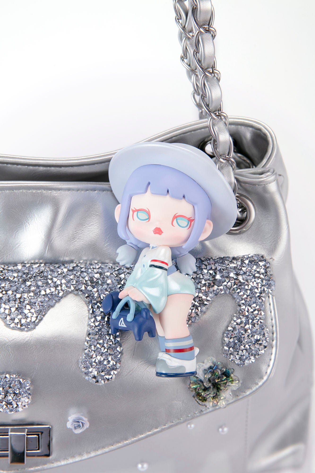 BLING BOX Silver Glitter Drip Doll Shoulder Bag, premium urban and streetwear designers apparel on PROJECTISR.com, BLING BOX