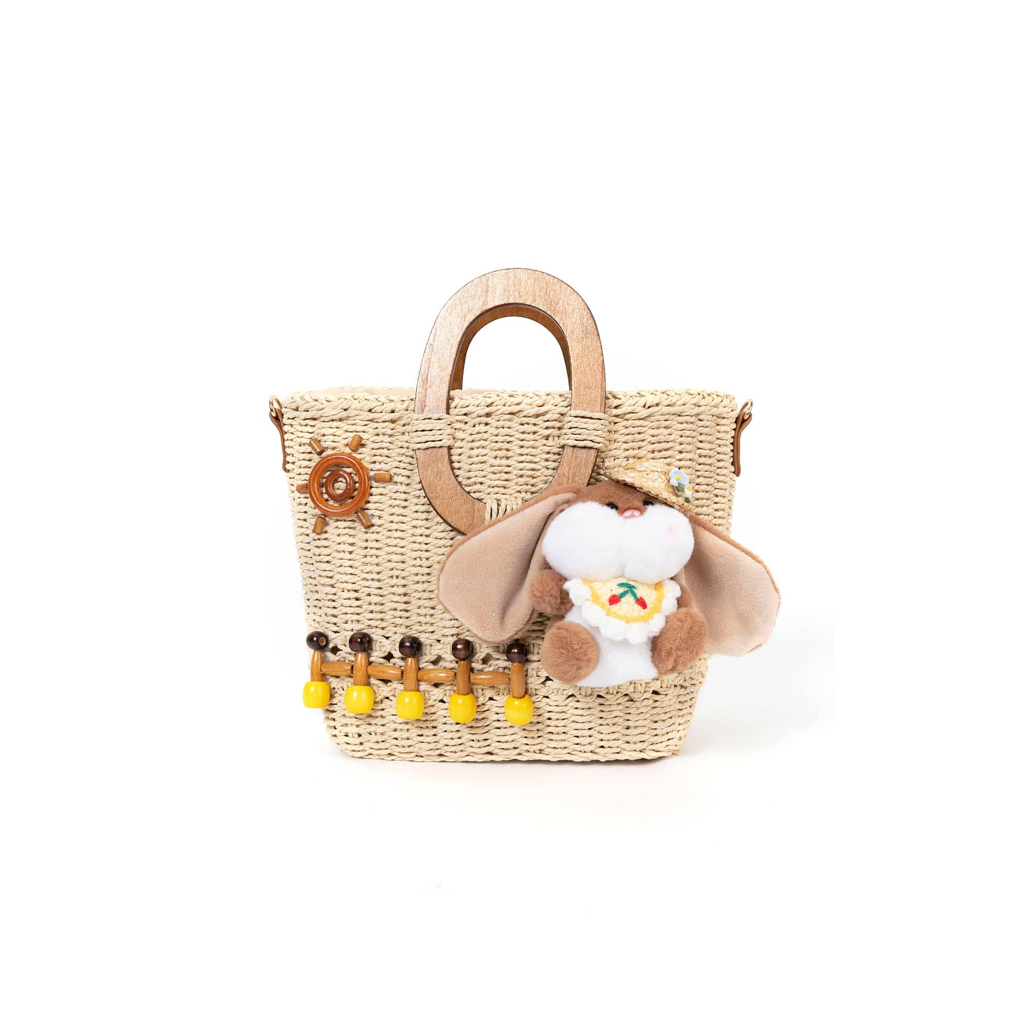 BLING BOX Plush Bunny Charm Embellished Straw Tote, premium urban and streetwear designers apparel on PROJECTISR.com, BLING BOX