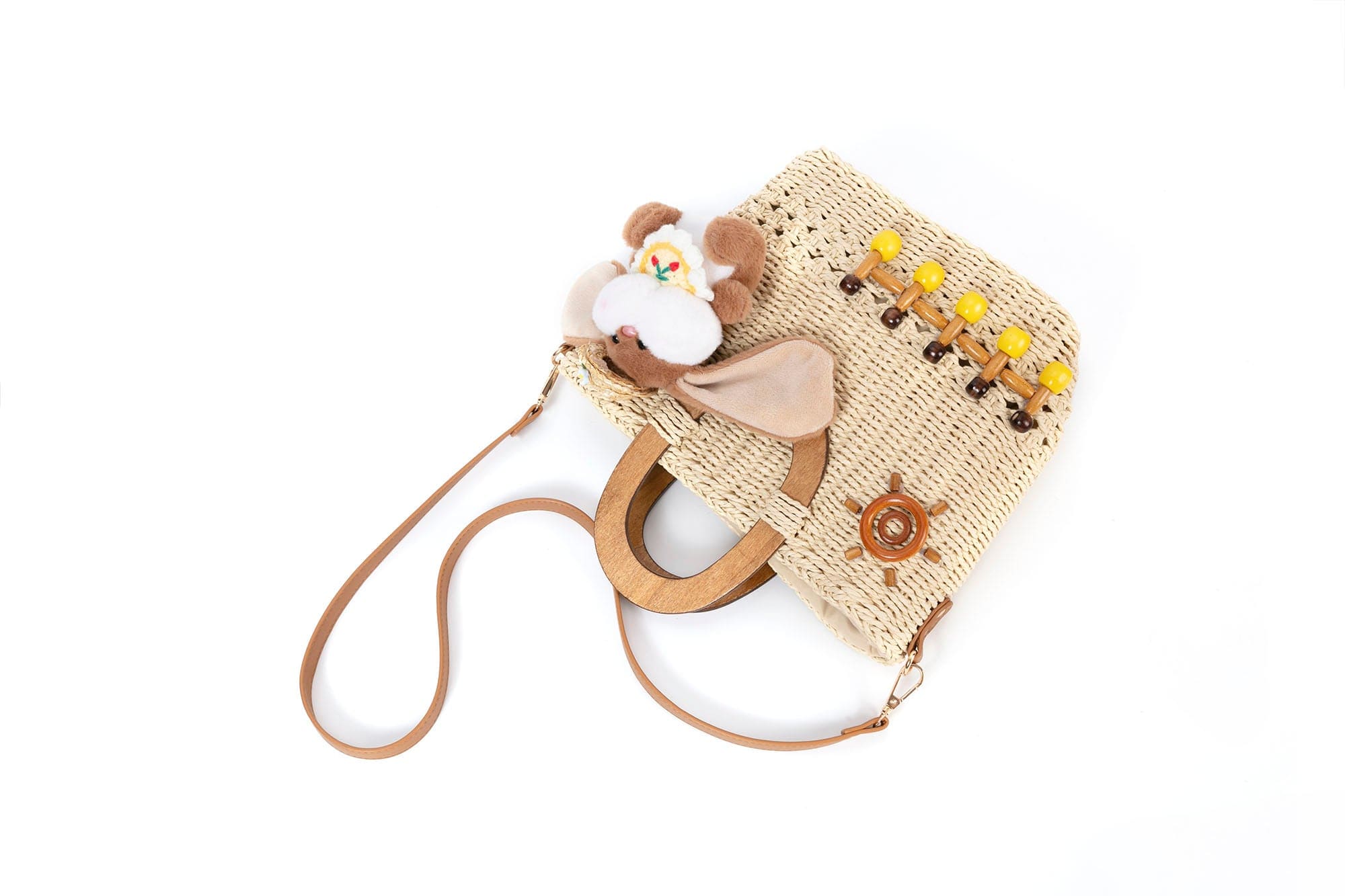 BLING BOX Plush Bunny Charm Embellished Straw Tote, premium urban and streetwear designers apparel on PROJECTISR.com, BLING BOX